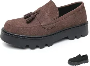 Men's Suede Tassel Platform Round Toe Casual Loafers Classic Retro Lug Sole Non Slip Chunky Heel Dress Business Penny Loafers for Party Formal Work Wedding