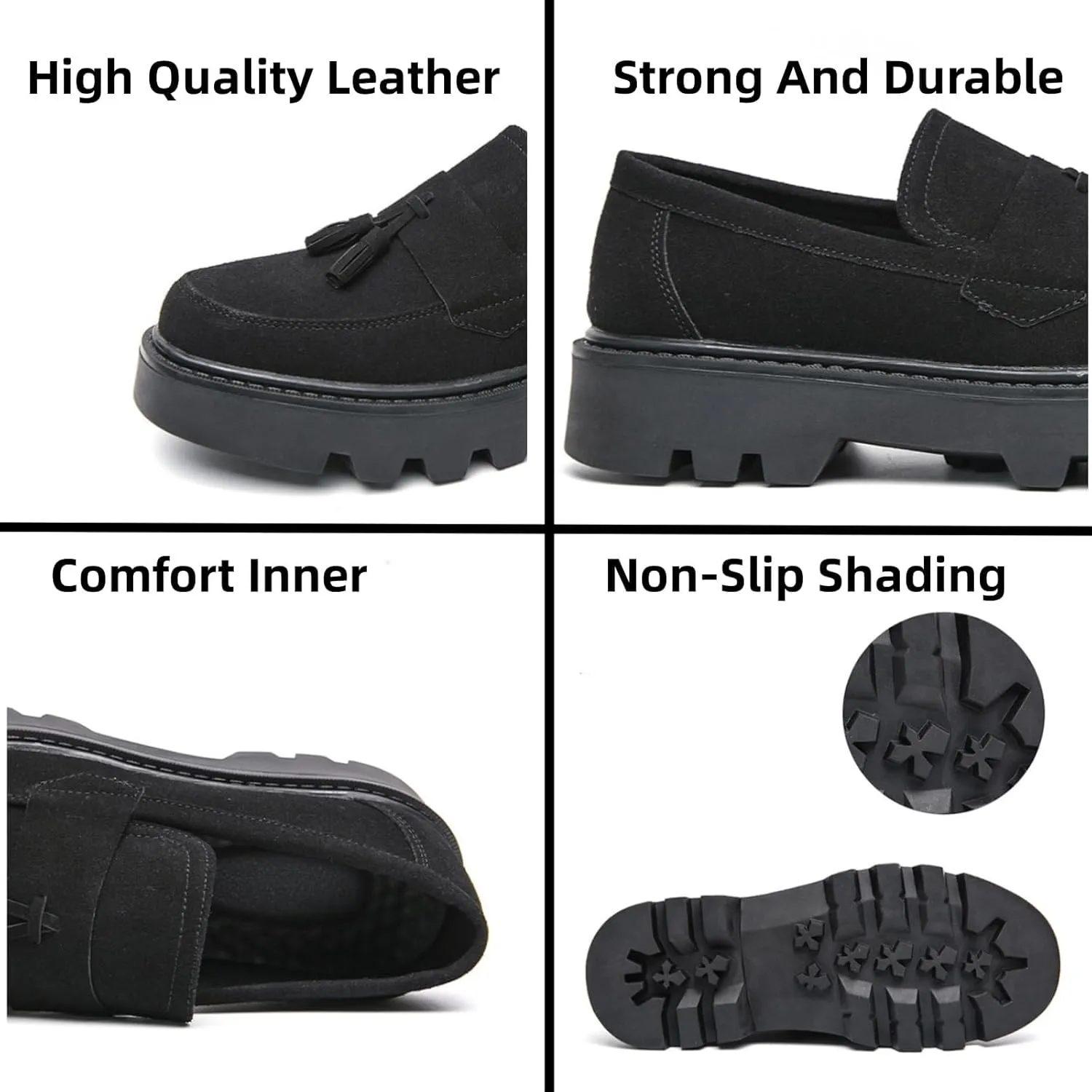 Men's Suede Tassel Platform Round Toe Casual Loafers Classic Retro Lug Sole Non Slip Chunky Heel Dress Business Penny Loafers for Party Formal Work Wedding