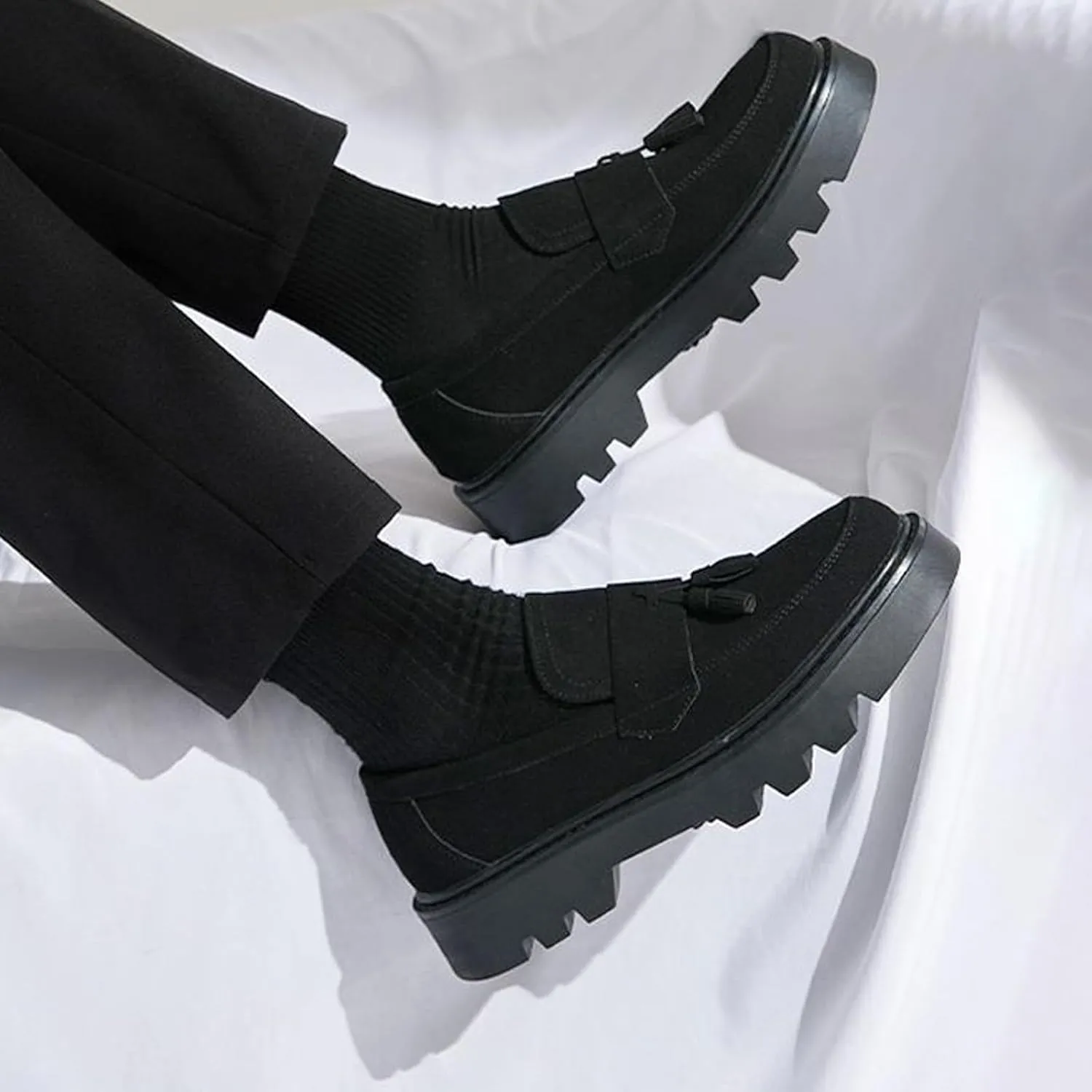 Men's Suede Tassel Platform Round Toe Casual Loafers Classic Retro Lug Sole Non Slip Chunky Heel Dress Business Penny Loafers for Party Formal Work Wedding