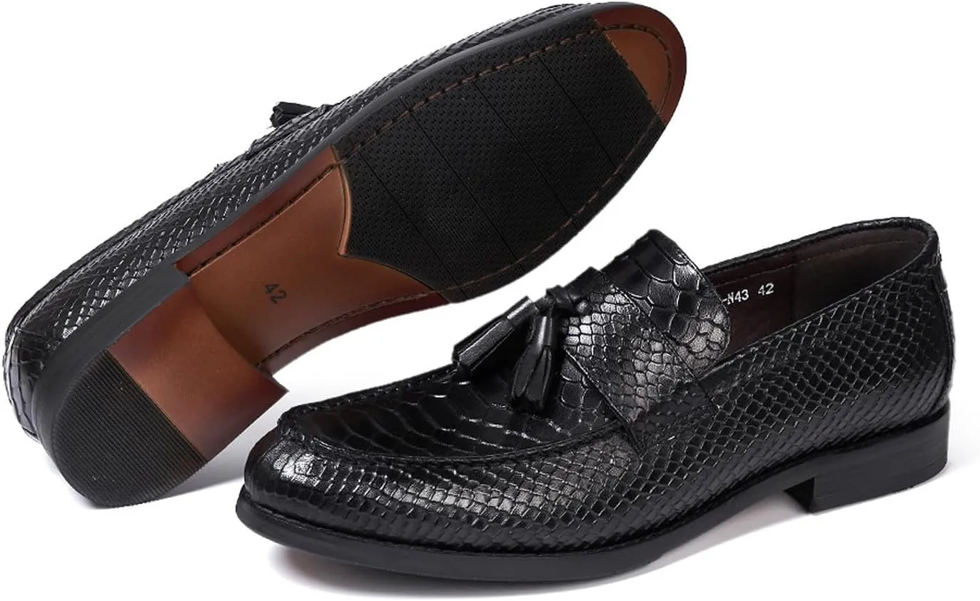 Mens Tassel Loafers Formal Dress Slip On Shoes Genunie Leather Cap Toe Mocasines Business Casual Prom Wedding Crocodile Embossing Penny Loafer Fashion Tuxedo Suit Shoes for Men