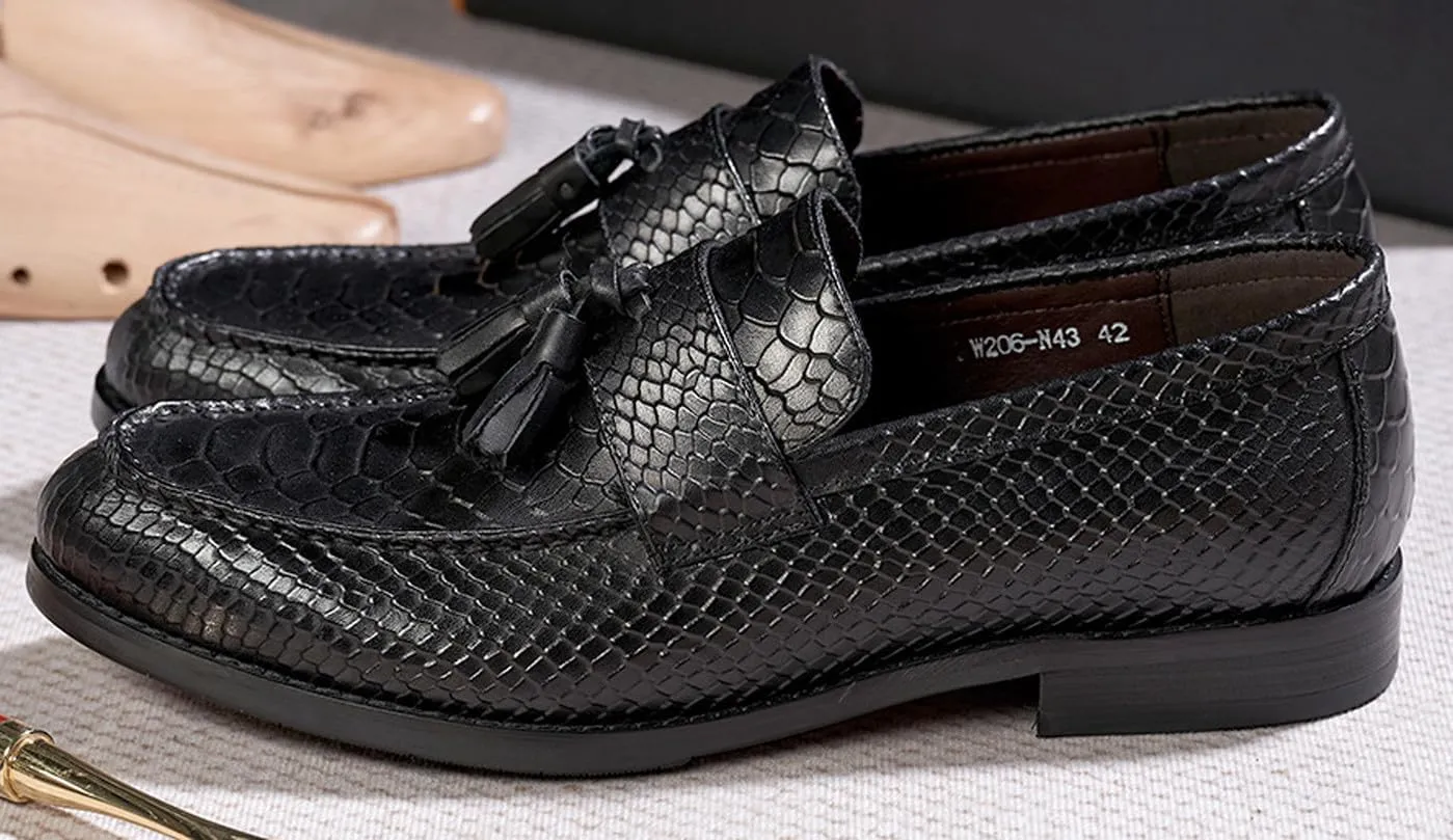 Mens Tassel Loafers Formal Dress Slip On Shoes Genunie Leather Cap Toe Mocasines Business Casual Prom Wedding Crocodile Embossing Penny Loafer Fashion Tuxedo Suit Shoes for Men
