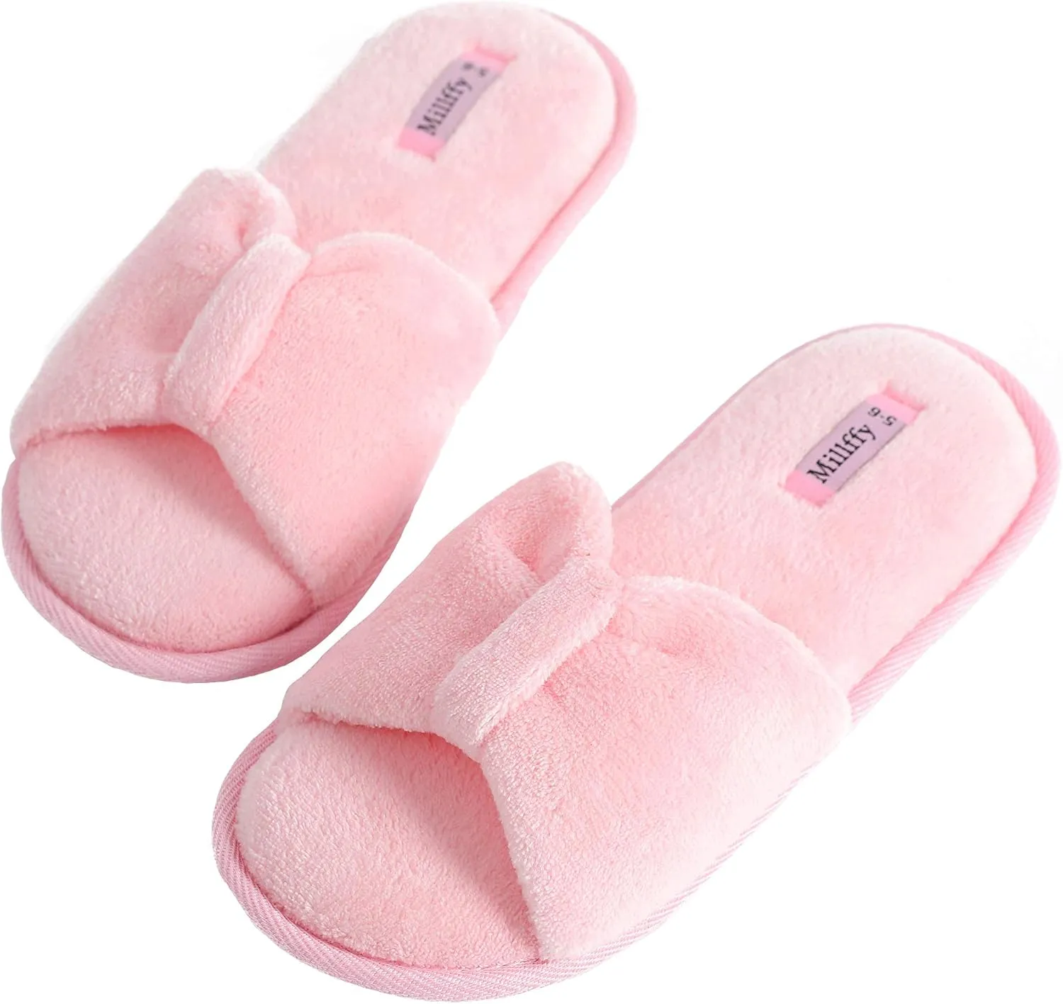 Millffy Women's Memory Foam Open Toe Slide Slippers with Cute Bow and Cozy Terry Lining Slip-on House Shoes SPA Sandals