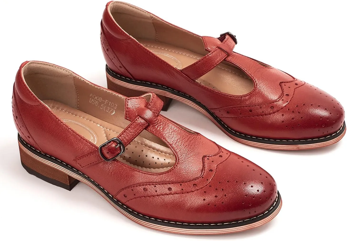 Mona flying Women's Leather Wingtip Oxford Mary Jane Loafer Casual Flat T Strap Shoes for Ladies