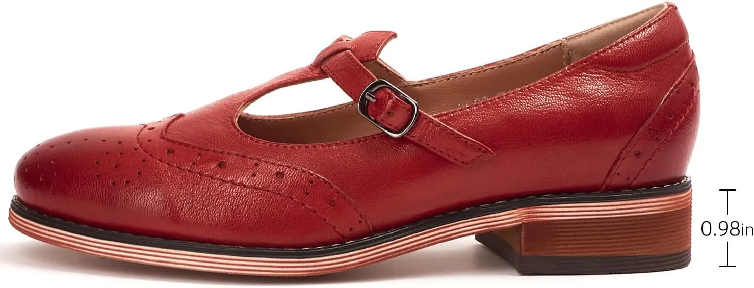 Mona flying Women's Leather Wingtip Oxford Mary Jane Loafer Casual Flat T Strap Shoes for Ladies