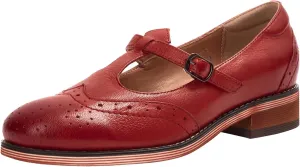 Mona flying Women's Leather Wingtip Oxford Mary Jane Loafer Casual Flat T Strap Shoes for Ladies