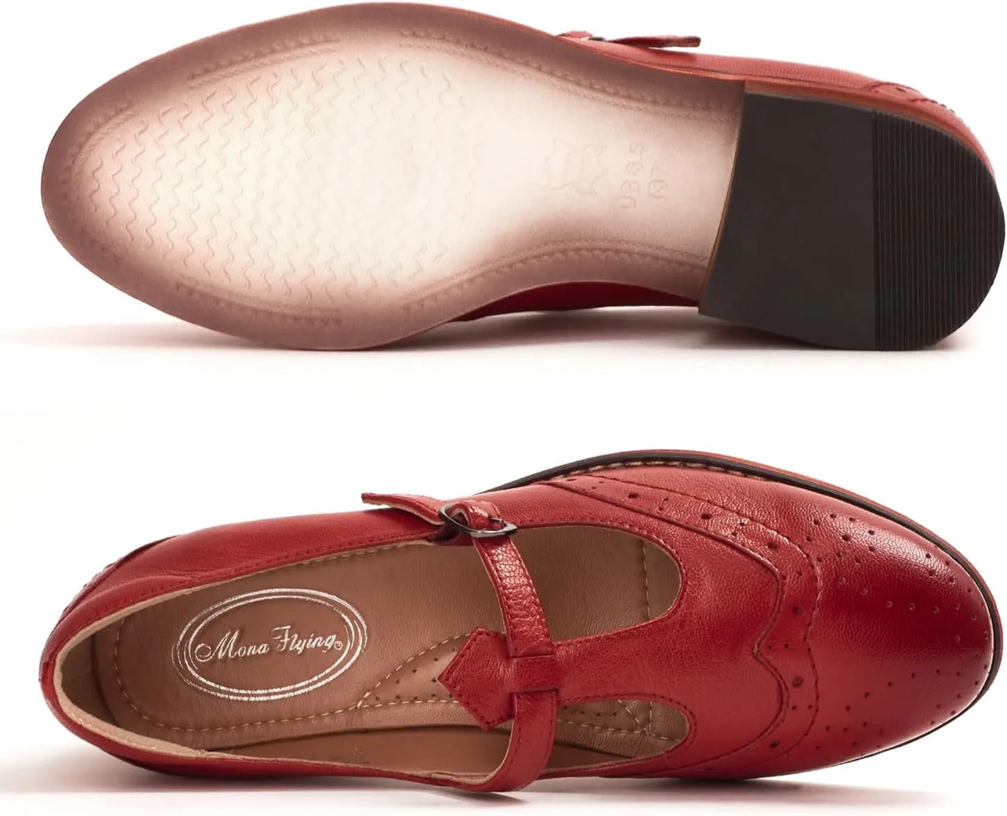 Mona flying Women's Leather Wingtip Oxford Mary Jane Loafer Casual Flat T Strap Shoes for Ladies