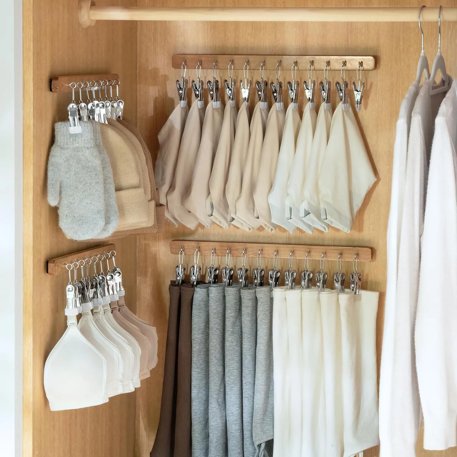 MORNITE Pull Out Hat Rack for Closet, Sliding Hooks Hanger Rack with Clips for Bras Caps Underwear Socks Scarves Gloves Handkerchiefs, Dual Side 8 Clips Rail, 2 Pcs