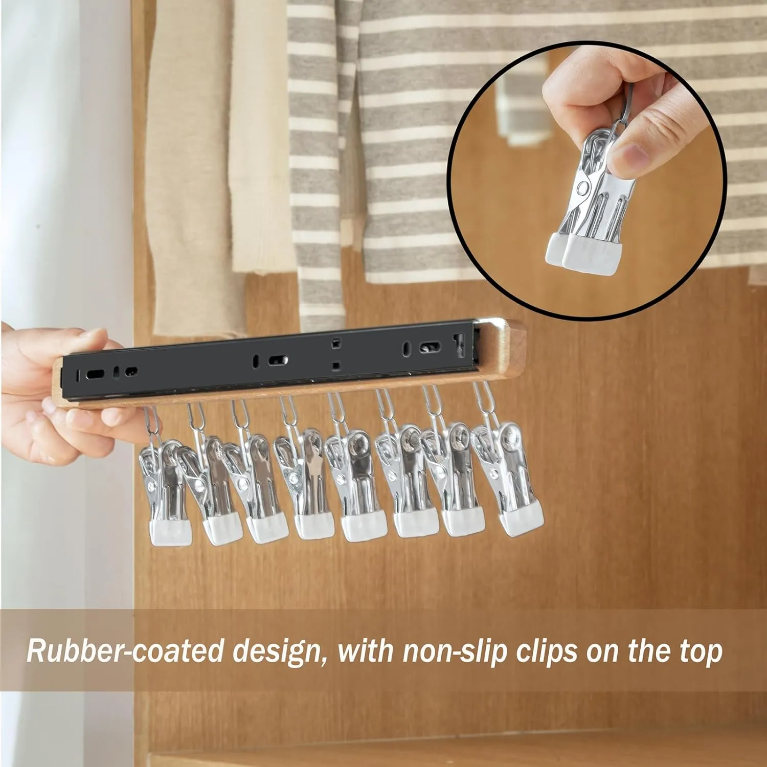 MORNITE Pull Out Hat Rack for Closet, Sliding Hooks Hanger Rack with Clips for Bras Caps Underwear Socks Scarves Gloves Handkerchiefs, Dual Side 8 Clips Rail, 2 Pcs