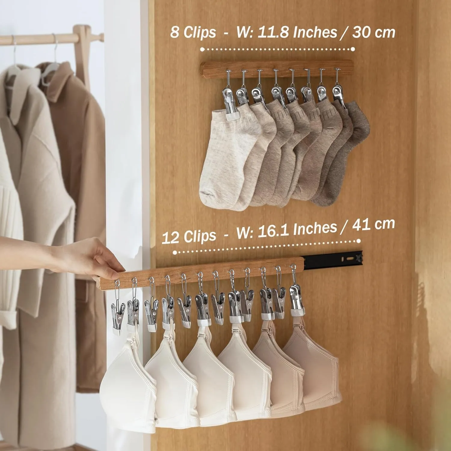 MORNITE Pull Out Hat Rack for Closet, Sliding Hooks Hanger Rack with Clips for Bras Caps Underwear Socks Scarves Gloves Handkerchiefs, Dual Side 8 Clips Rail, 2 Pcs