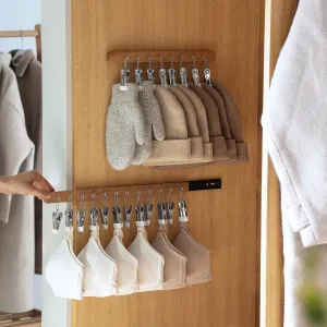 MORNITE Pull Out Hat Rack for Closet, Sliding Hooks Hanger Rack with Clips for Bras Caps Underwear Socks Scarves Gloves Handkerchiefs, Dual Side 8 Clips Rail, 2 Pcs