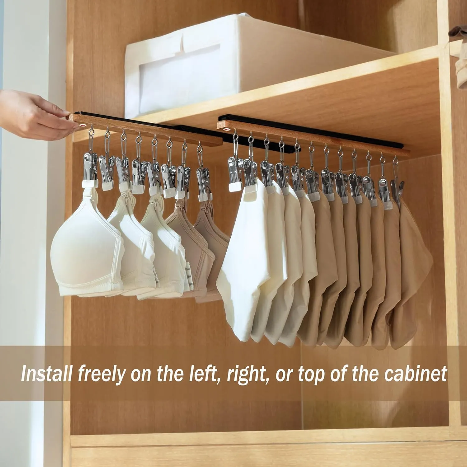 MORNITE Pull Out Hat Rack for Closet, Sliding Hooks Hanger Rack with Clips for Bras Caps Underwear Socks Scarves Gloves Handkerchiefs, Dual Side 8 Clips Rail, 2 Pcs