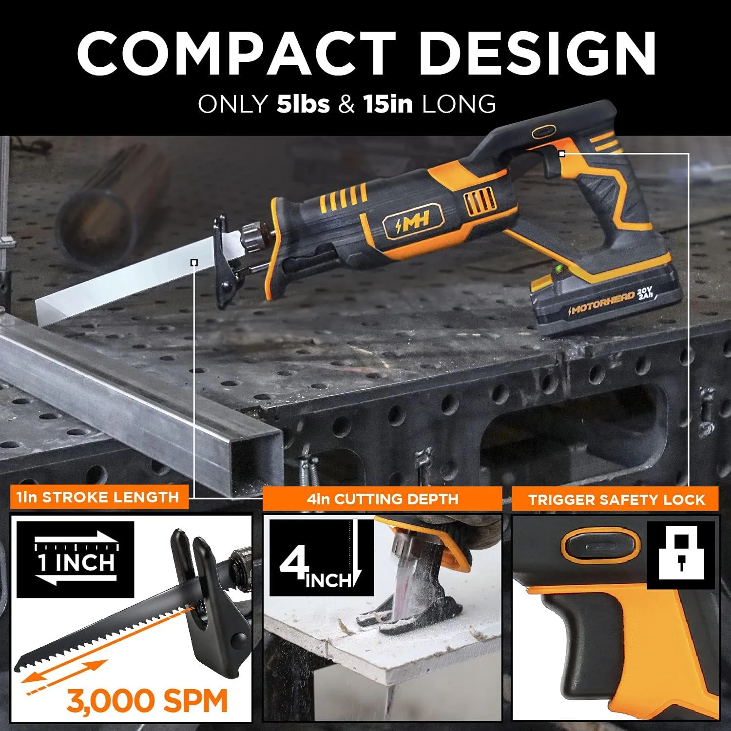 MOTORHEAD 20V ULTRA Cordless Reciprocating Saw, Lithium-Ion, Tool-Free Blade Change & Guard, 1” Stroke, 0-3000 SPM, Variable Speed Trigger, 2Ah Battery, Quick Charger, Bag, 2 Blades, USA-Based