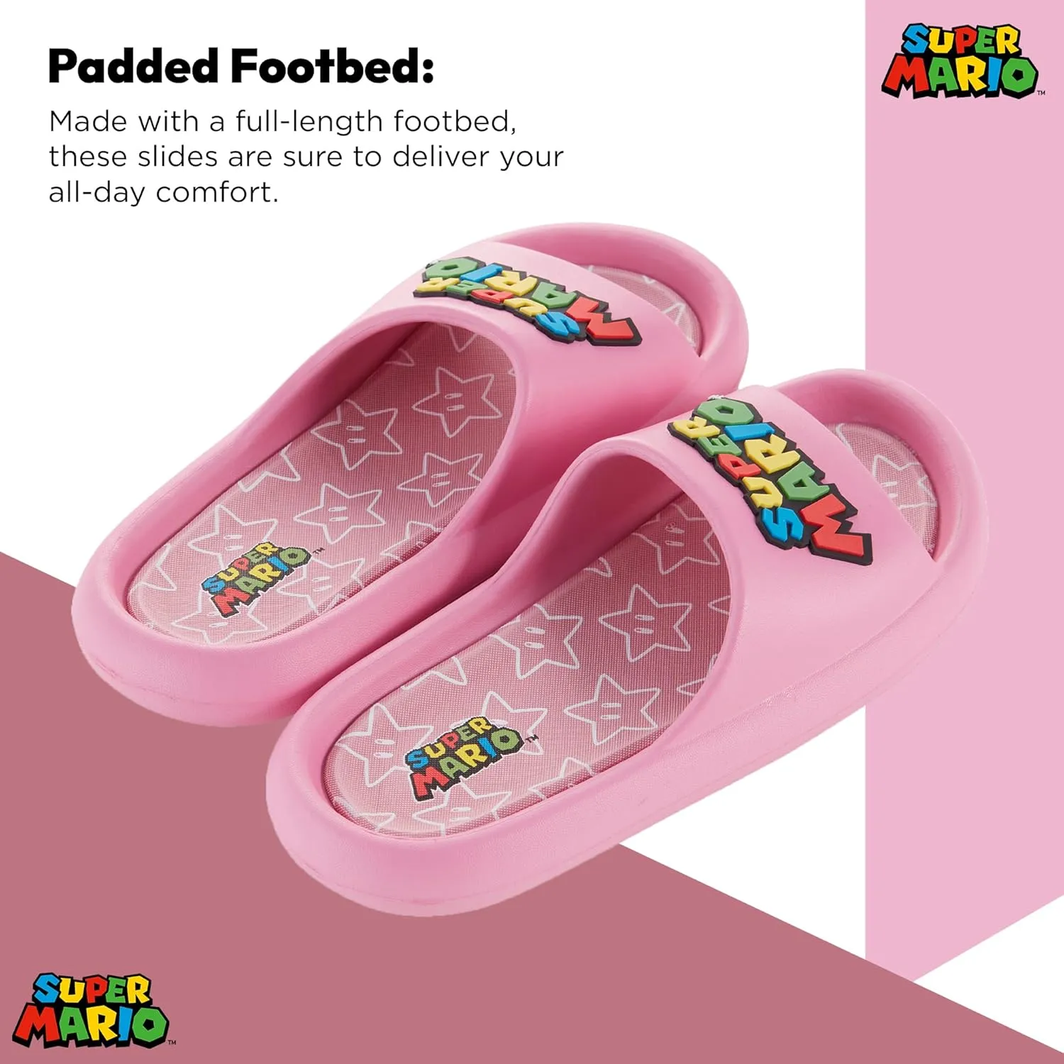 Nintendo Ladies Mario Peach Slide - Super Mario Shoes - Mario, Luigi, Kirby and Donkey Kong Comfort Slide Sandals