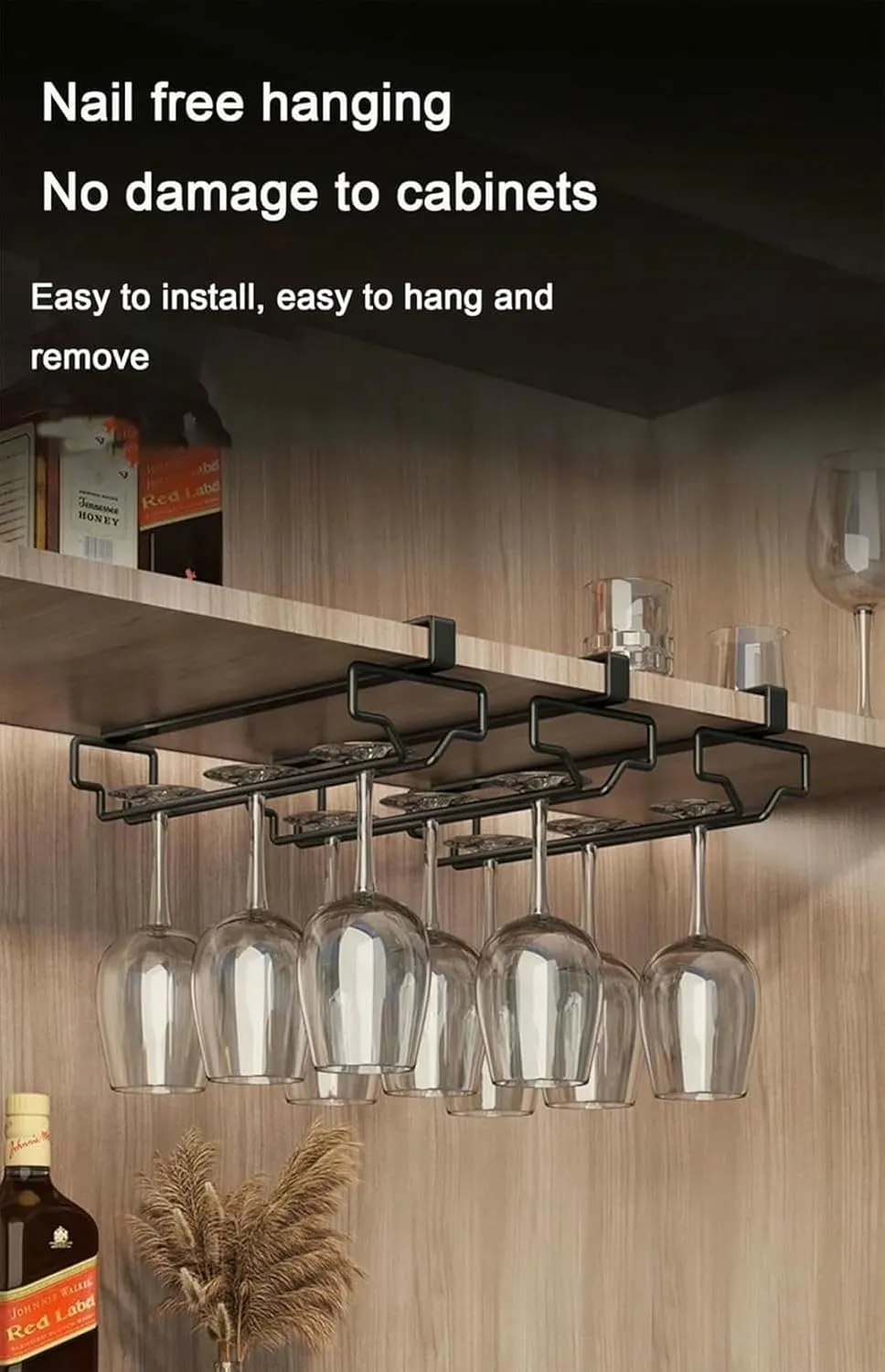 No Drilling Wine Glass Holder, Hanging Stemware Rack, Easy Installation Glass Storage Hanger Organizer for Bar Kitchen and Restaurant(Gold)