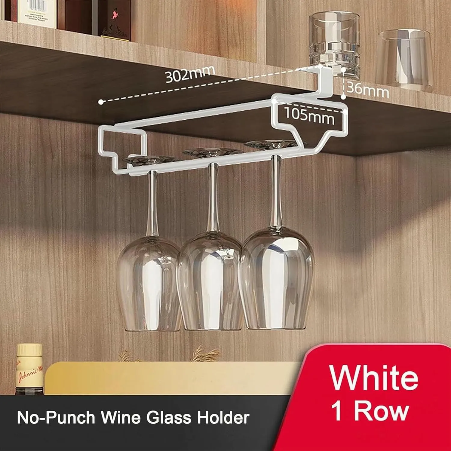 No Drilling Wine Glass Holder, Hanging Stemware Rack, Easy Installation Glass Storage Hanger Organizer for Bar Kitchen and Restaurant(Gold)
