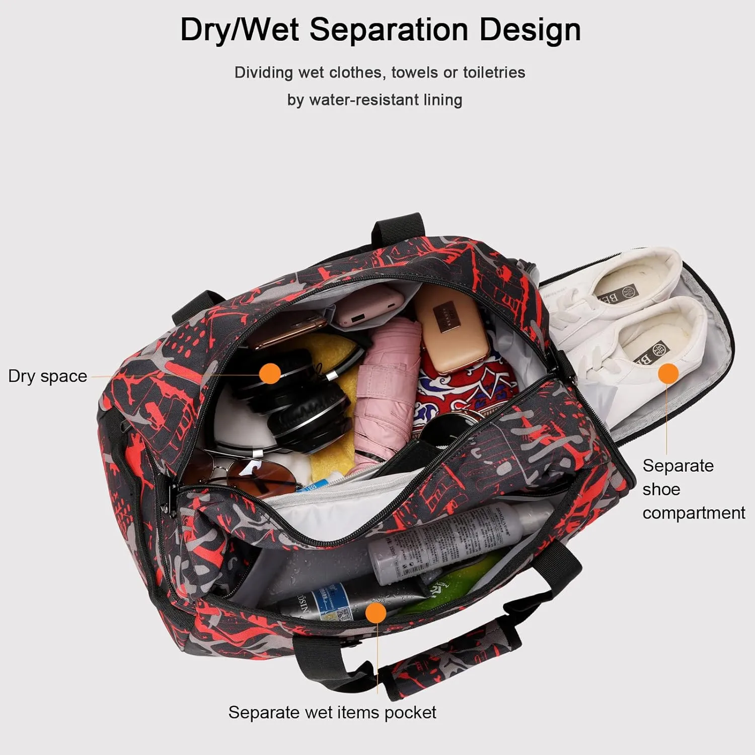 Octsky Sports Duffel Bag Gym Bag with Shoe Compartment Small Travel Overnight Bag Weekender Bag(Red-Graffiti)
