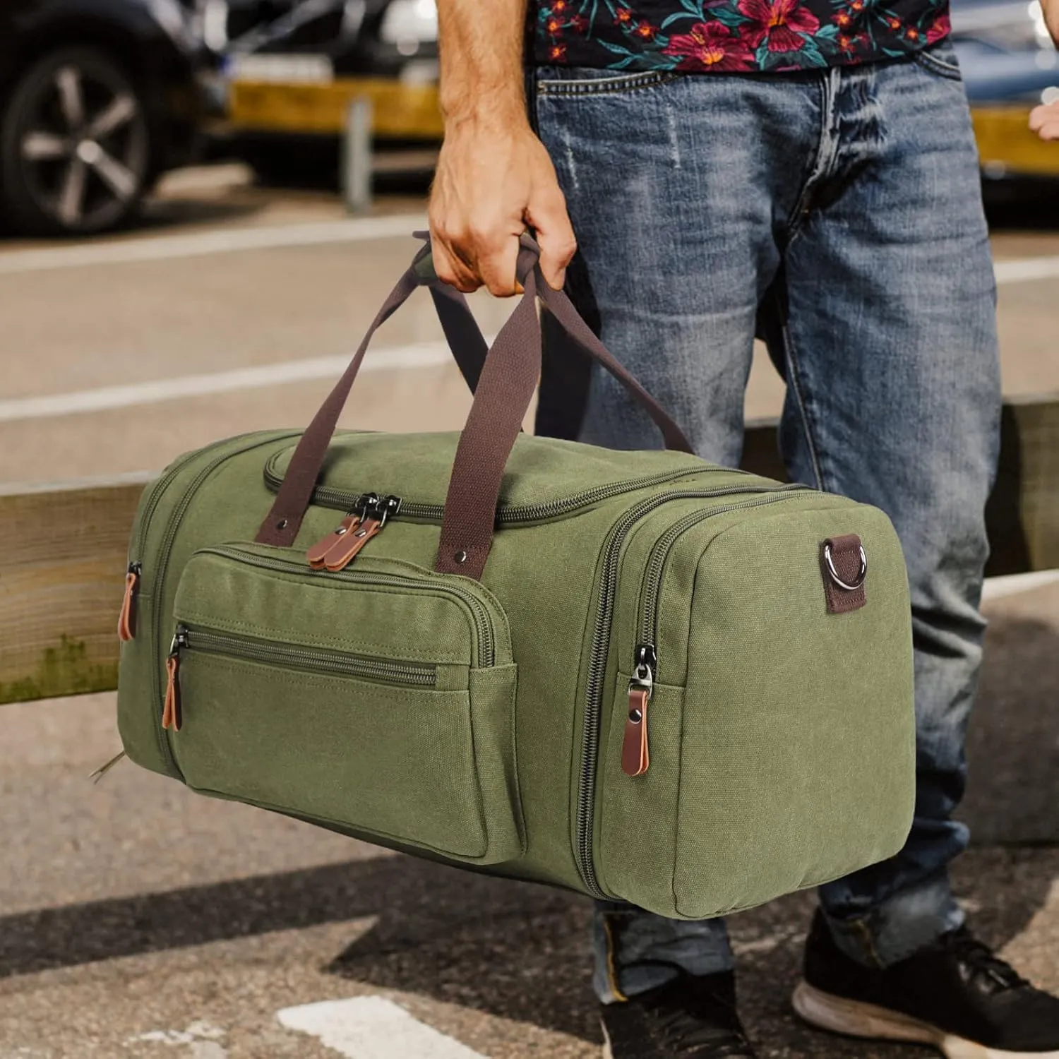 Oflamn Duffle Bag for Men Canvas Travel Bag with Shoe Compartment- 45L/55L Weekender and Overnight Travel Tote Bag for Father Day Gifts (Army Green)