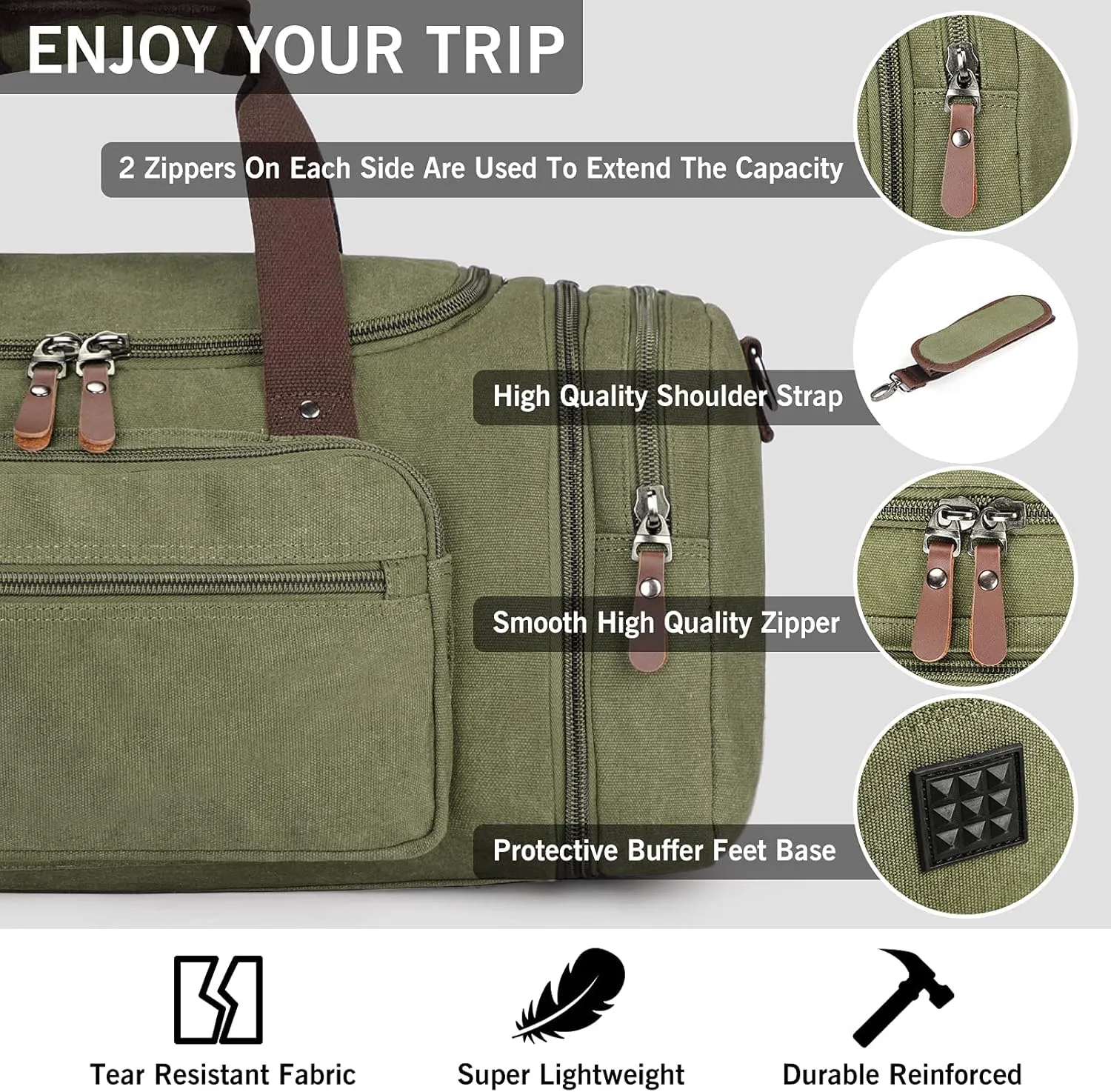 Oflamn Duffle Bag for Men Canvas Travel Bag with Shoe Compartment- 45L/55L Weekender and Overnight Travel Tote Bag for Father Day Gifts (Army Green)
