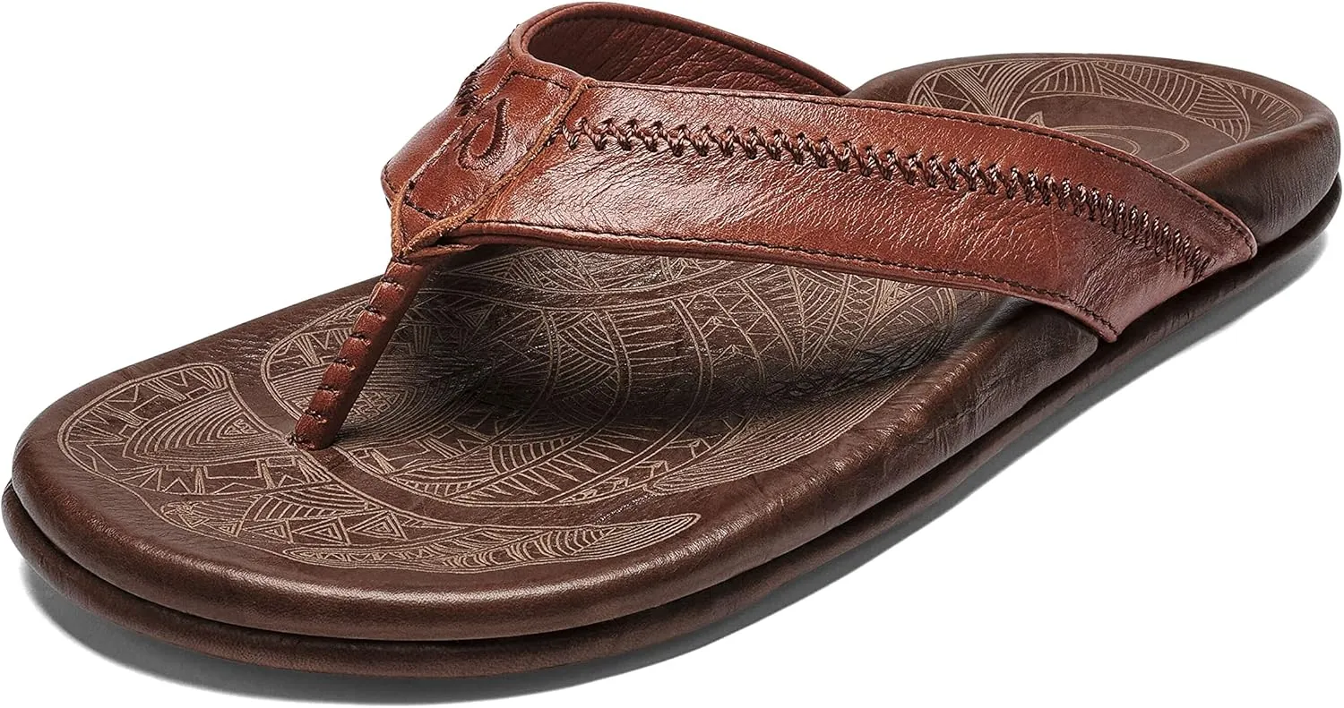 OLUKAI Hiapo Men's Beach Sandals, Full-Grain Leather Flip-Flop Slides, Compression Molded Footbed & Comfort Fit, Enhanced Grip Soles