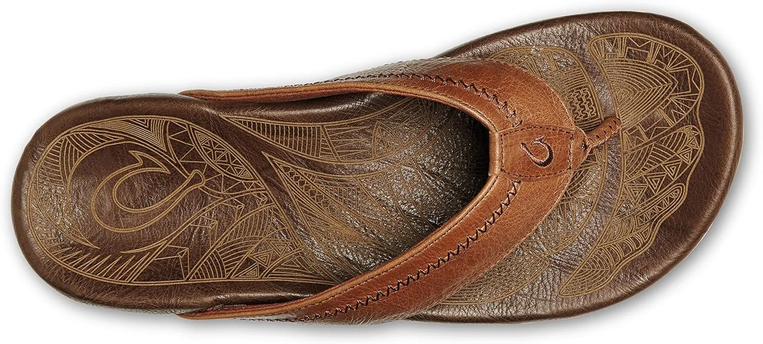 OLUKAI Hiapo Men's Beach Sandals, Full-Grain Leather Flip-Flop Slides, Compression Molded Footbed & Comfort Fit, Enhanced Grip Soles