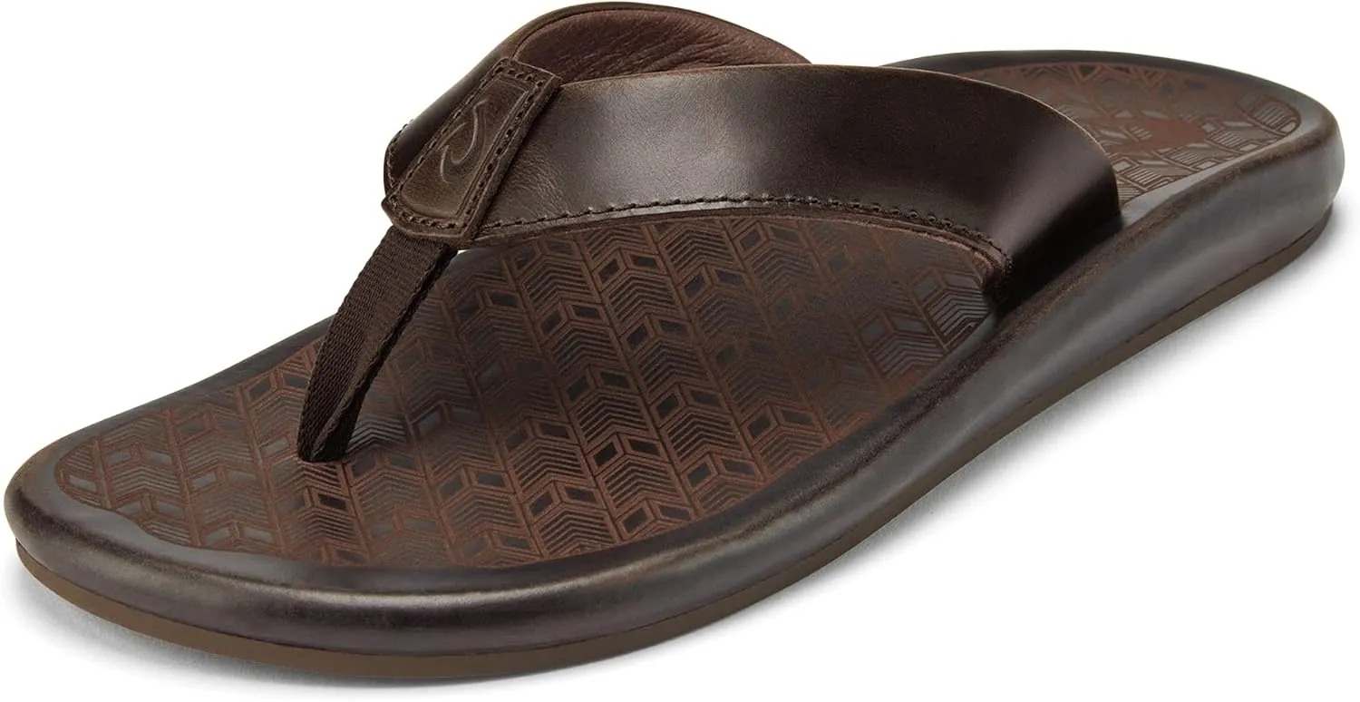 OLUKAI 'Ilikai Men's Leather Sandals, Full-Grain Leather Flip-Flop Slides, Anatomical Footbed & Cushioning, Comfort Fit & Wet Grip Rubber