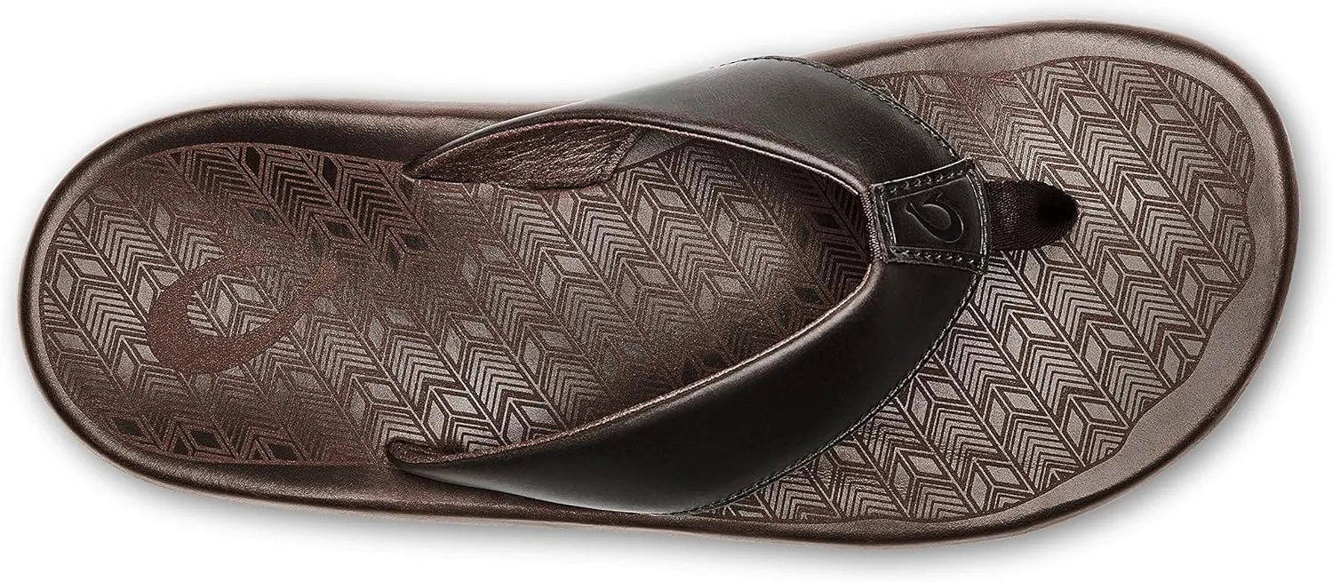 OLUKAI 'Ilikai Men's Leather Sandals, Full-Grain Leather Flip-Flop Slides, Anatomical Footbed & Cushioning, Comfort Fit & Wet Grip Rubber
