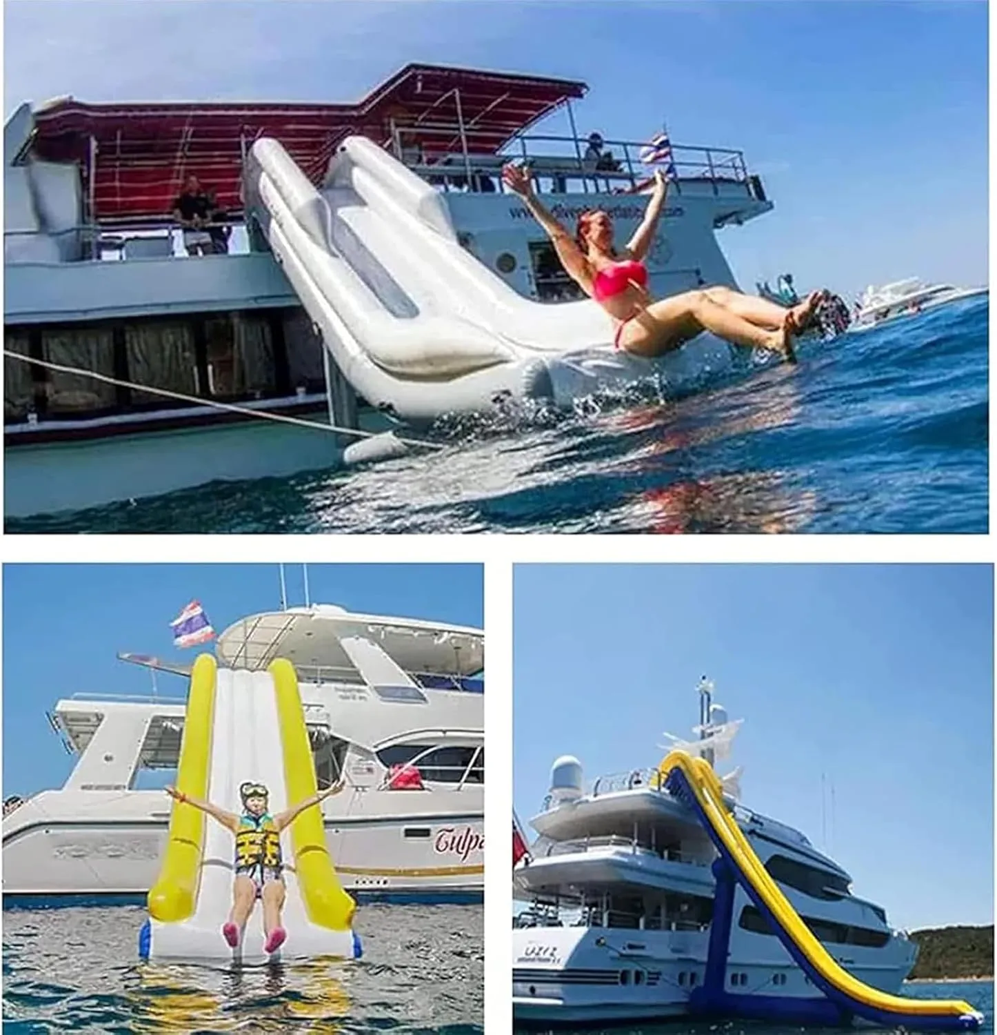 Outdoor Floating Inflatable Yacht Water Slide with Air Pump and Protective Net for Docks and Piers