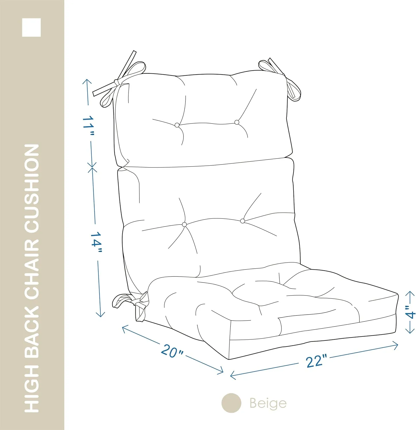 Outdoor/Indoor High Back Chair Cushion, Waterproof All-Weather Stuffed High Rebound Foam Adirondack Chair, Beige