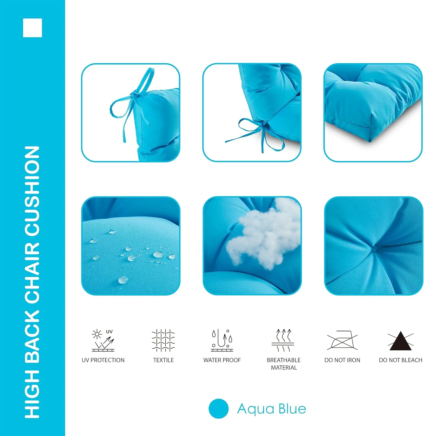 Outdoor/Indoor High Back Chair Cushion, Waterproof All-Weather Stuffed High Rebound Foam Adirondack Seat/Back Cushion, Aqua Blue