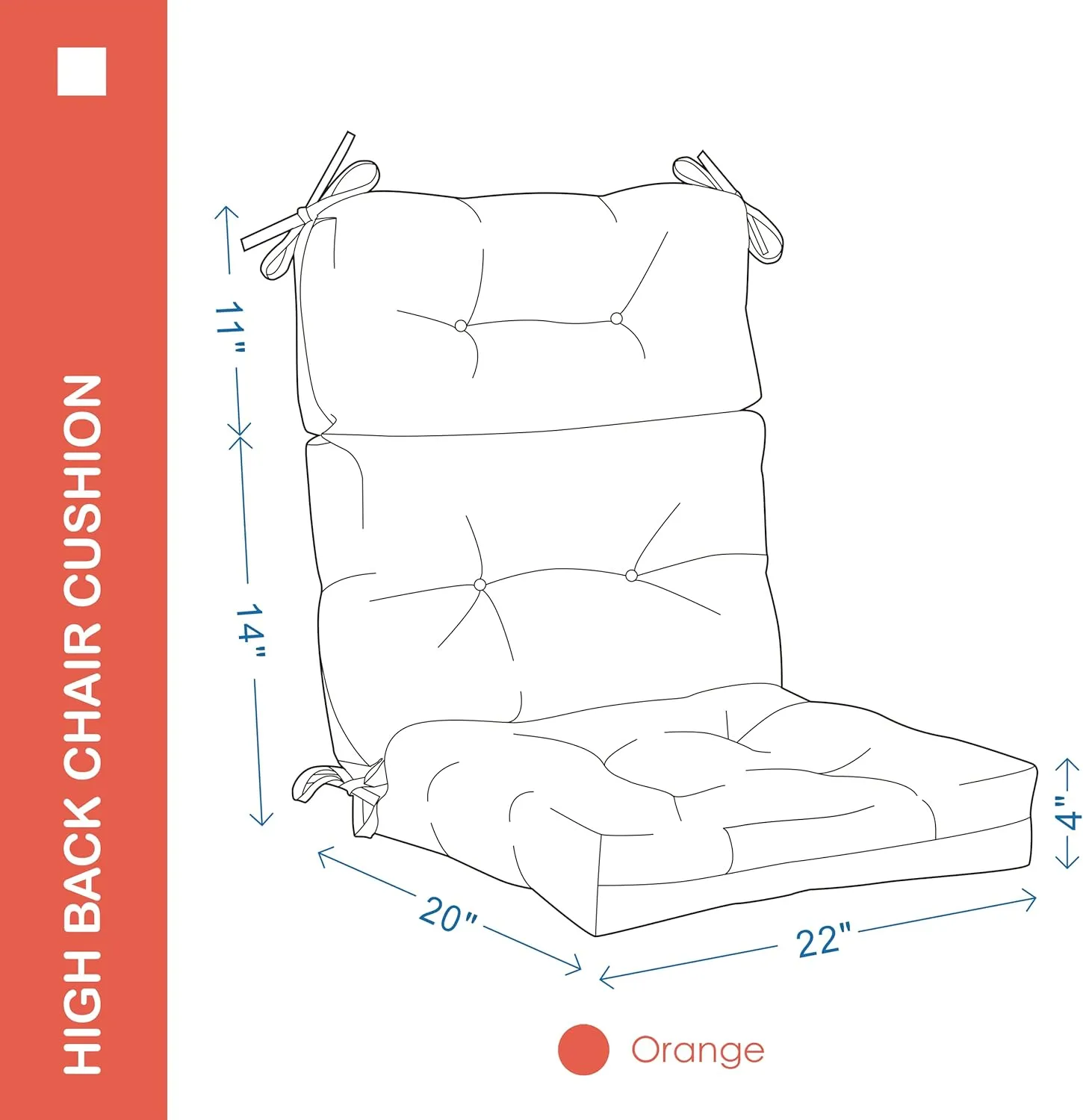 Outdoor/Indoor High Back Chair Cushion - Waterproof All-Weather Stuffed High Rebound Foam Adirondack Seat/Back Cushion for Outdoor Furniture, Orange