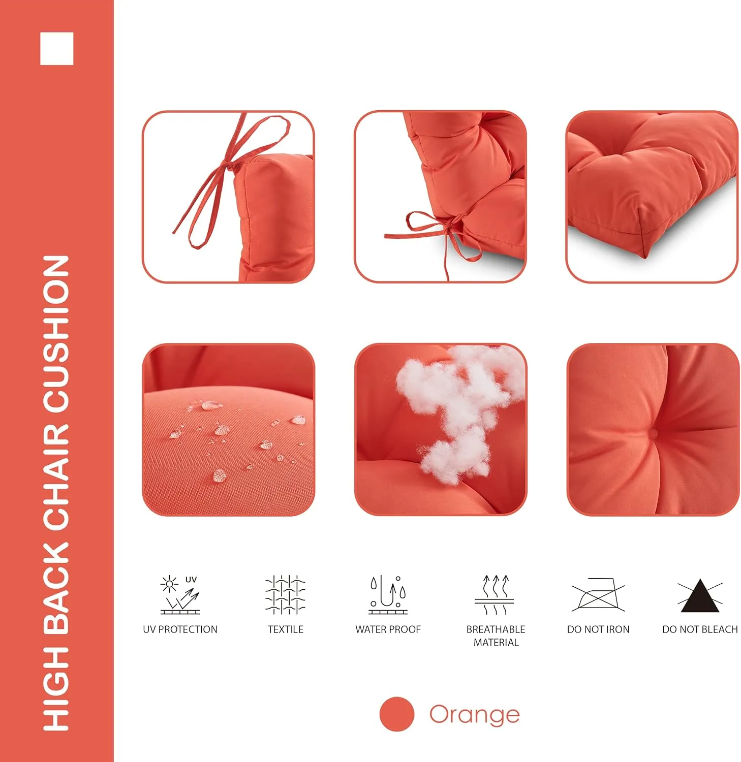 Outdoor/Indoor High Back Chair Cushion - Waterproof All-Weather Stuffed High Rebound Foam Adirondack Seat/Back Cushion for Outdoor Furniture, Orange