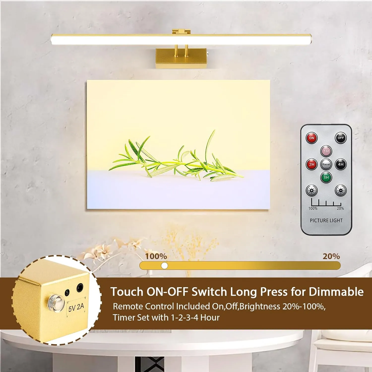 Picture Light, Battery Picture Lights with Remote of Timer and Dimmable, 20" Metal Art Light for Paintings,Display Lamp for Wall Gallery Dartboard Portrait Frame Artwork (Gold), HW202201LGD