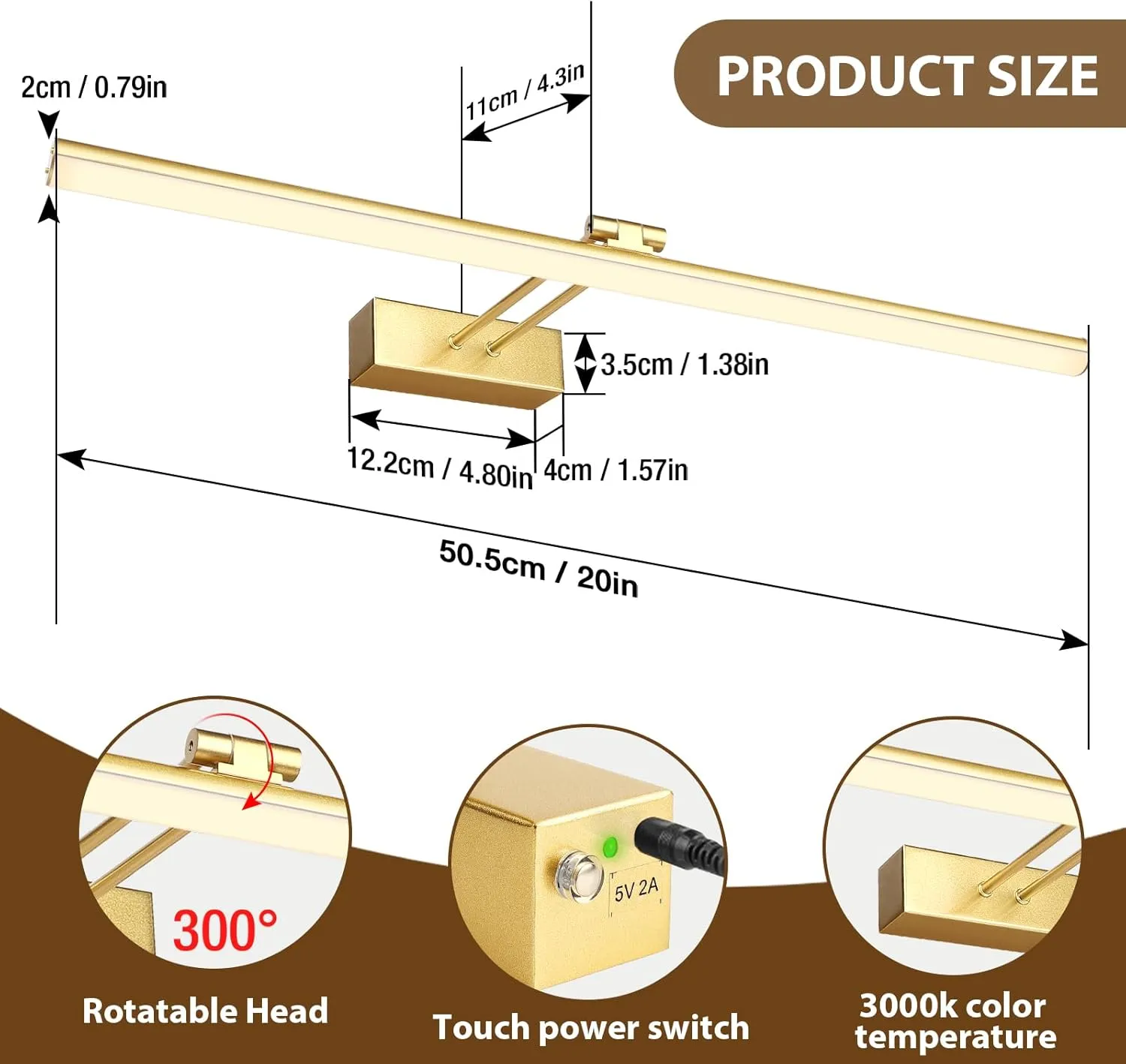Picture Light, Battery Picture Lights with Remote of Timer and Dimmable, 20" Metal Art Light for Paintings,Display Lamp for Wall Gallery Dartboard Portrait Frame Artwork (Gold), HW202201LGD