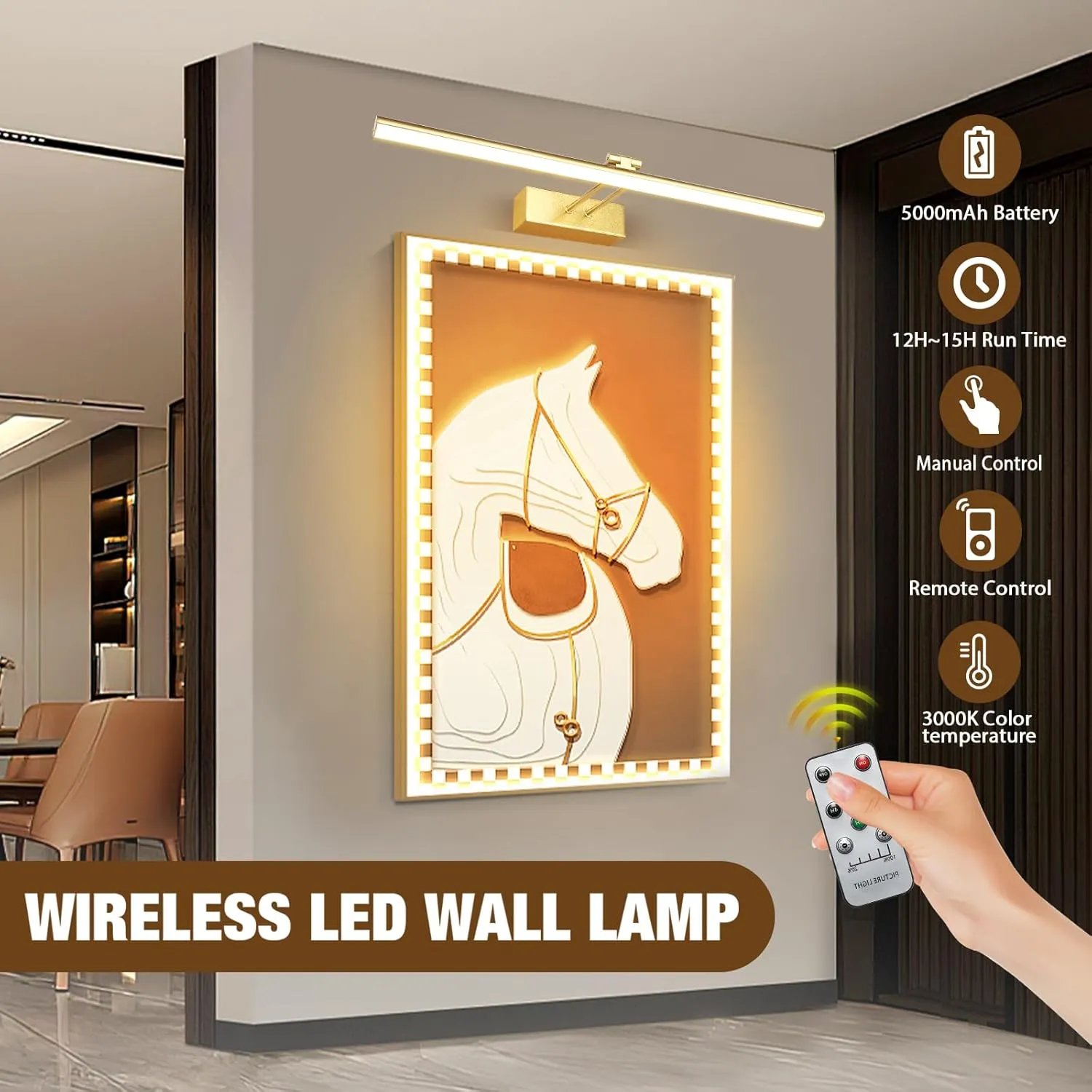 Picture Light, Battery Picture Lights with Remote of Timer and Dimmable, 20" Metal Art Light for Paintings,Display Lamp for Wall Gallery Dartboard Portrait Frame Artwork (Gold), HW202201LGD