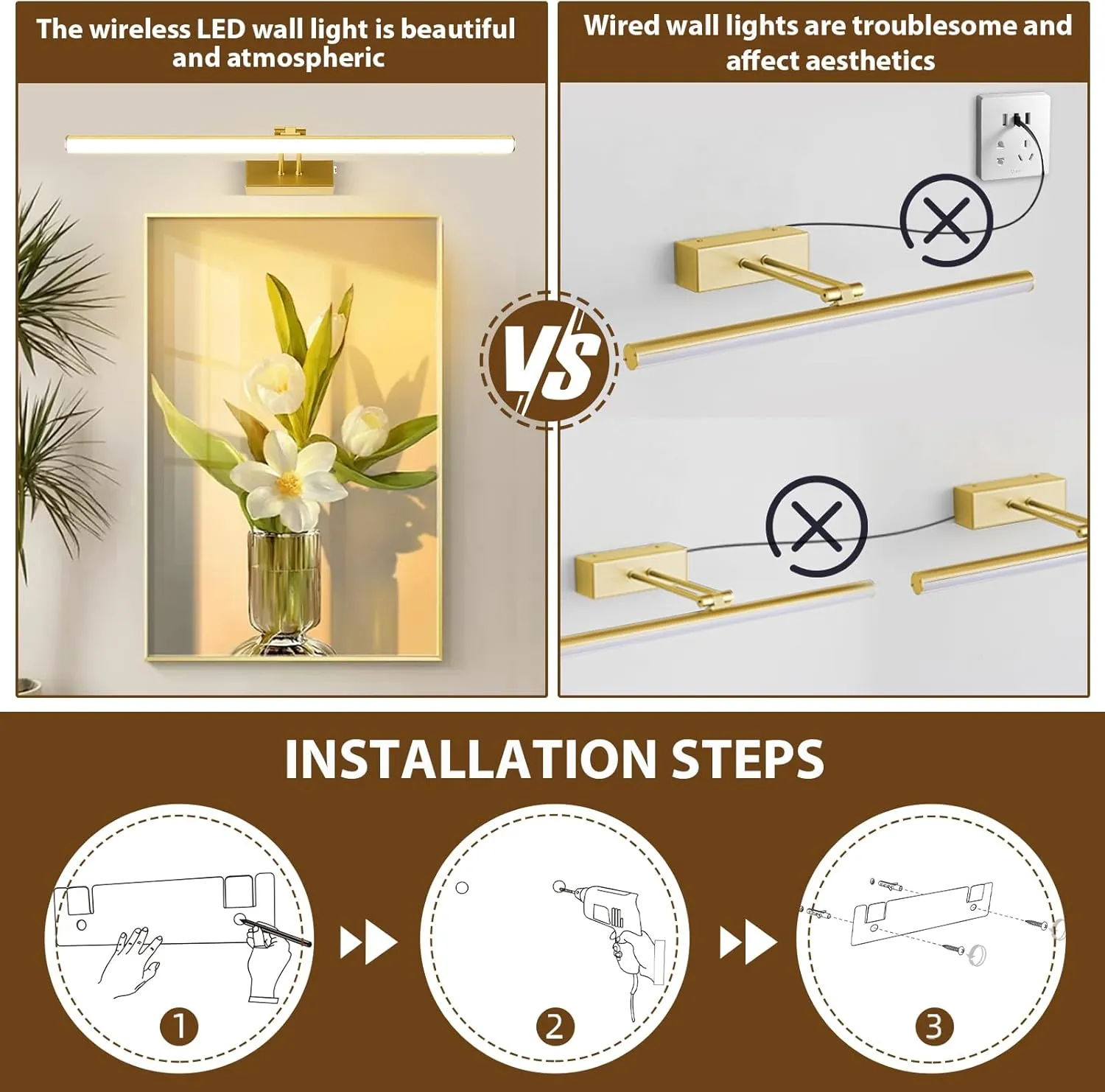 Picture Light, Battery Picture Lights with Remote of Timer and Dimmable, 20" Metal Art Light for Paintings,Display Lamp for Wall Gallery Dartboard Portrait Frame Artwork (Gold), HW202201LGD
