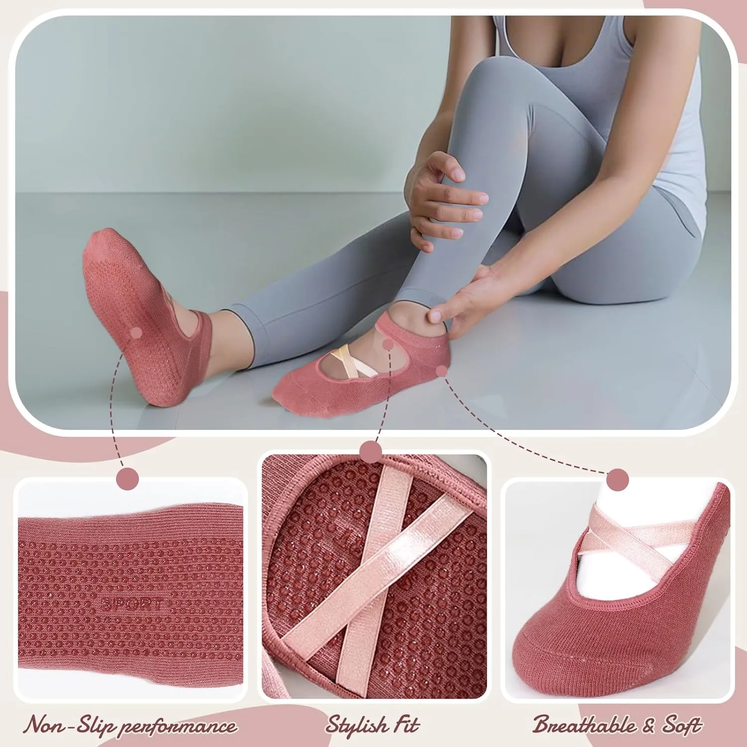 Pilates Socks with Grips for Women – Non-Slip Grip Socks for Pilates, Yoga, Barre & Dance