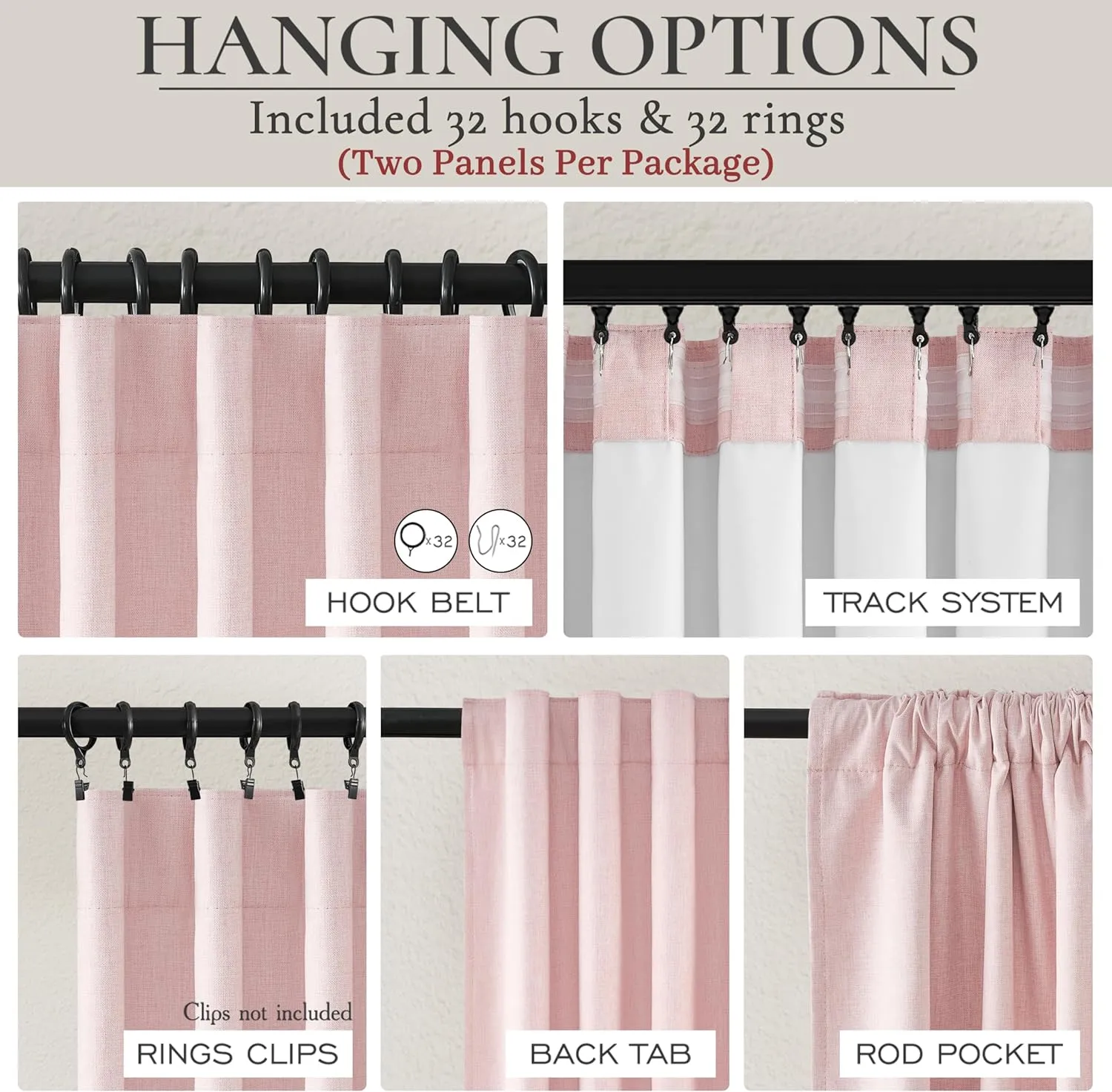 Pink Thick Linen Thermal Blackout Curtains 96 Inch Long for Winter Insulated, Pleated Elegant Living Room Curtain 2 Panels Set Privacy Decor Window Drapes 8 FT Length 2 Burg (Hooks Rings & Rod Pocket)