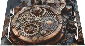 Placemats Set of 6 Washable&Wipeable Placemats,Cool Steampunk Gears, for Dining Table Kitchen Indoor Outdoor Table Mats Heat Resistant Non Slip PVC Table Placemats
