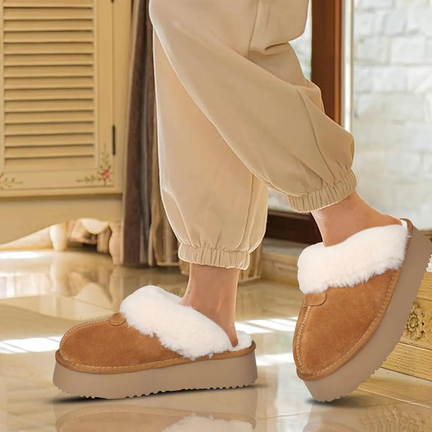 Platform Slippers for Women Warm Shearling Linings Women's Shoe House Slippers Comfortable & Light-Weight