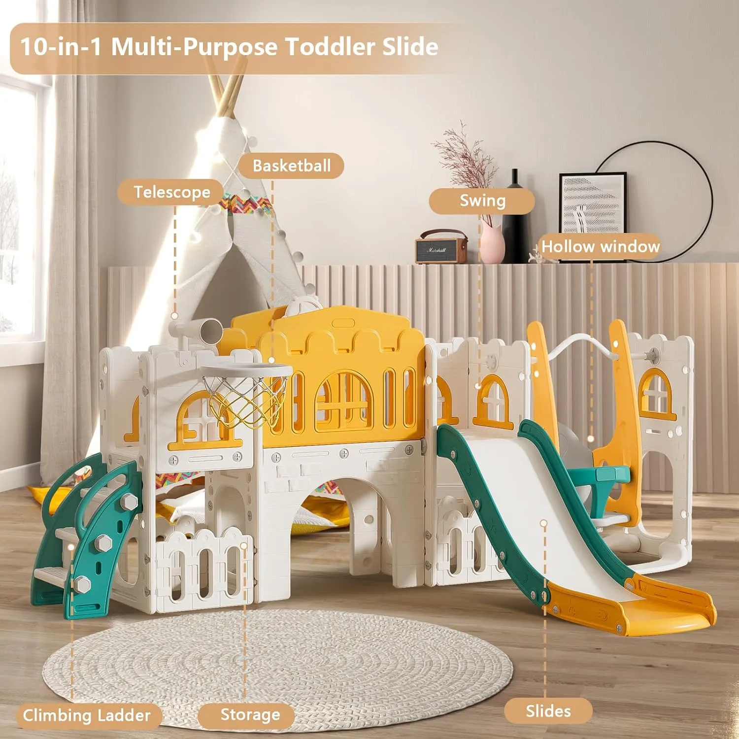 Playground Game System,10 in 1 Toddler Slide, Kids Slide Indoor for Toddlers 1-3 with Swing, Basketball Hoop and Telescope, Juegos Infantiles
