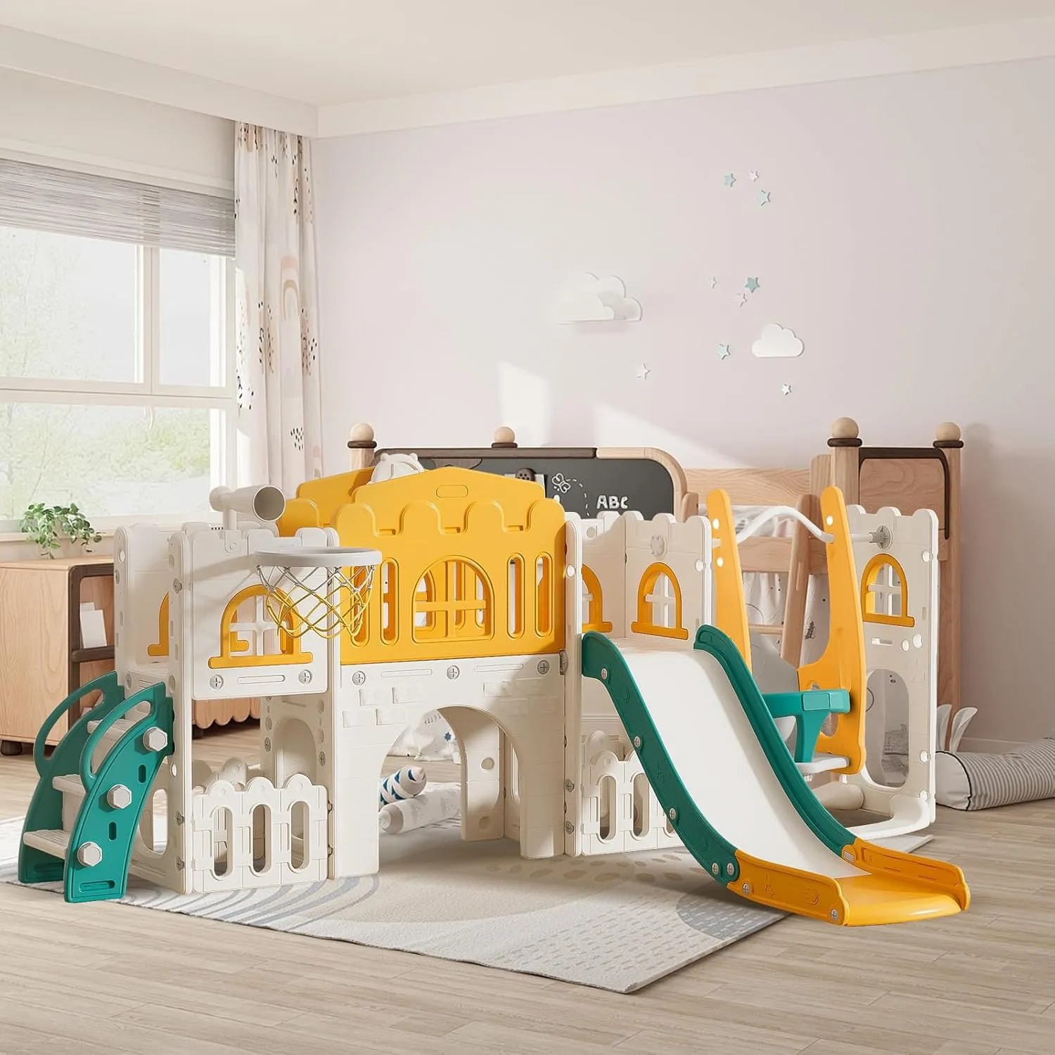 Playground Game System,10 in 1 Toddler Slide, Kids Slide Indoor for Toddlers 1-3 with Swing, Basketball Hoop and Telescope, Juegos Infantiles