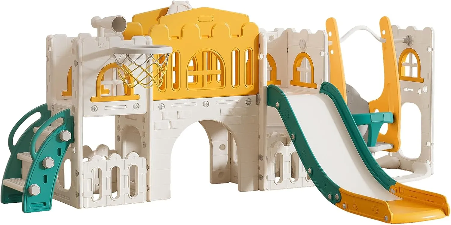 Playground Game System,10 in 1 Toddler Slide, Kids Slide Indoor for Toddlers 1-3 with Swing, Basketball Hoop and Telescope, Juegos Infantiles