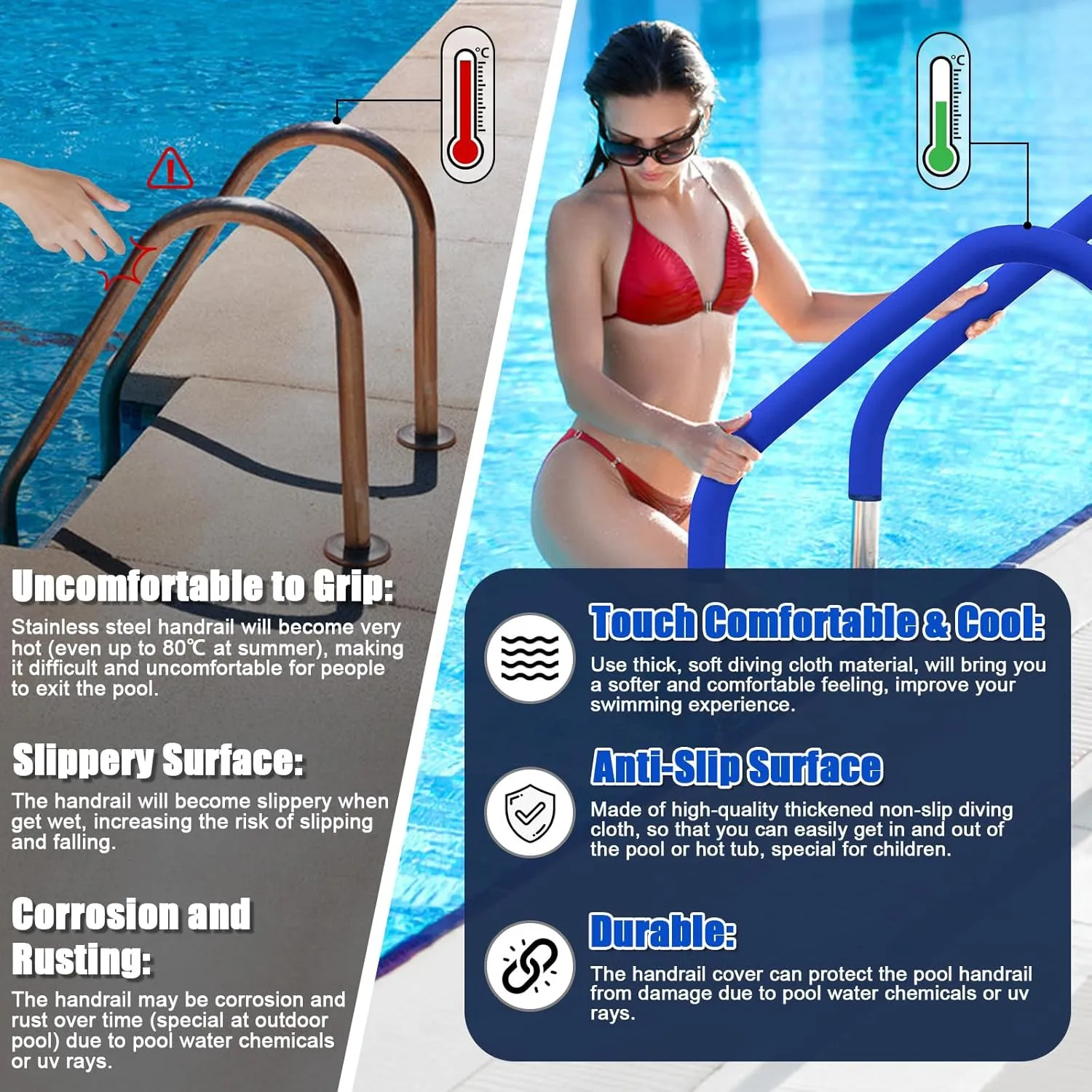 Pool Handrail Covers with Zippers for Inground Swimming Pools Hand Rail Cover, 4-10 ft Non Slip Cool Touch Heat Resistant, Blue, Anti-Slip Swim Pool Railing Ladder Handle Grip 4 Feet 2 Pack