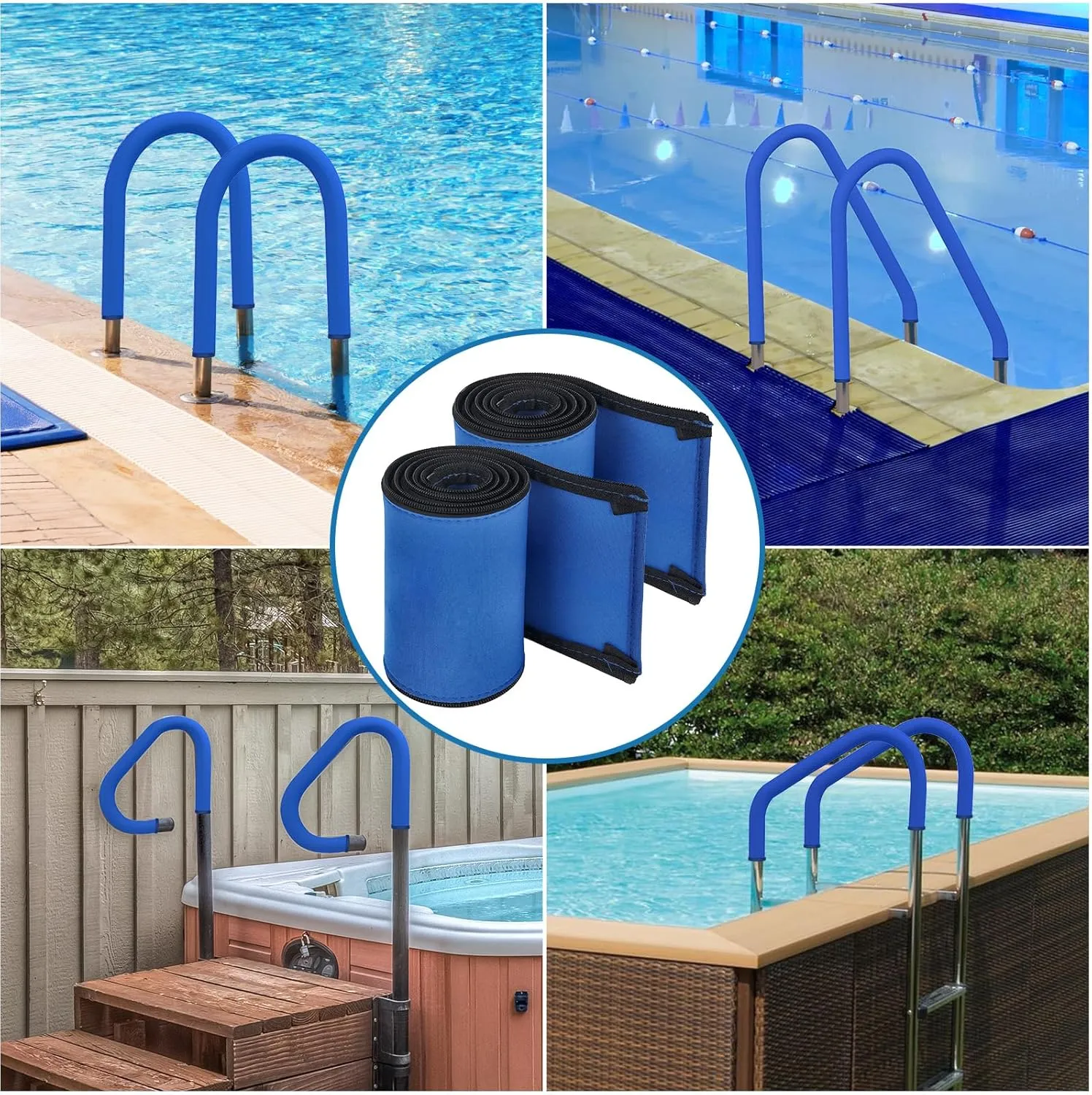 Pool Handrail Covers with Zippers for Inground Swimming Pools Hand Rail Cover, 4-10 ft Non Slip Cool Touch Heat Resistant, Blue, Anti-Slip Swim Pool Railing Ladder Handle Grip 4 Feet 2 Pack