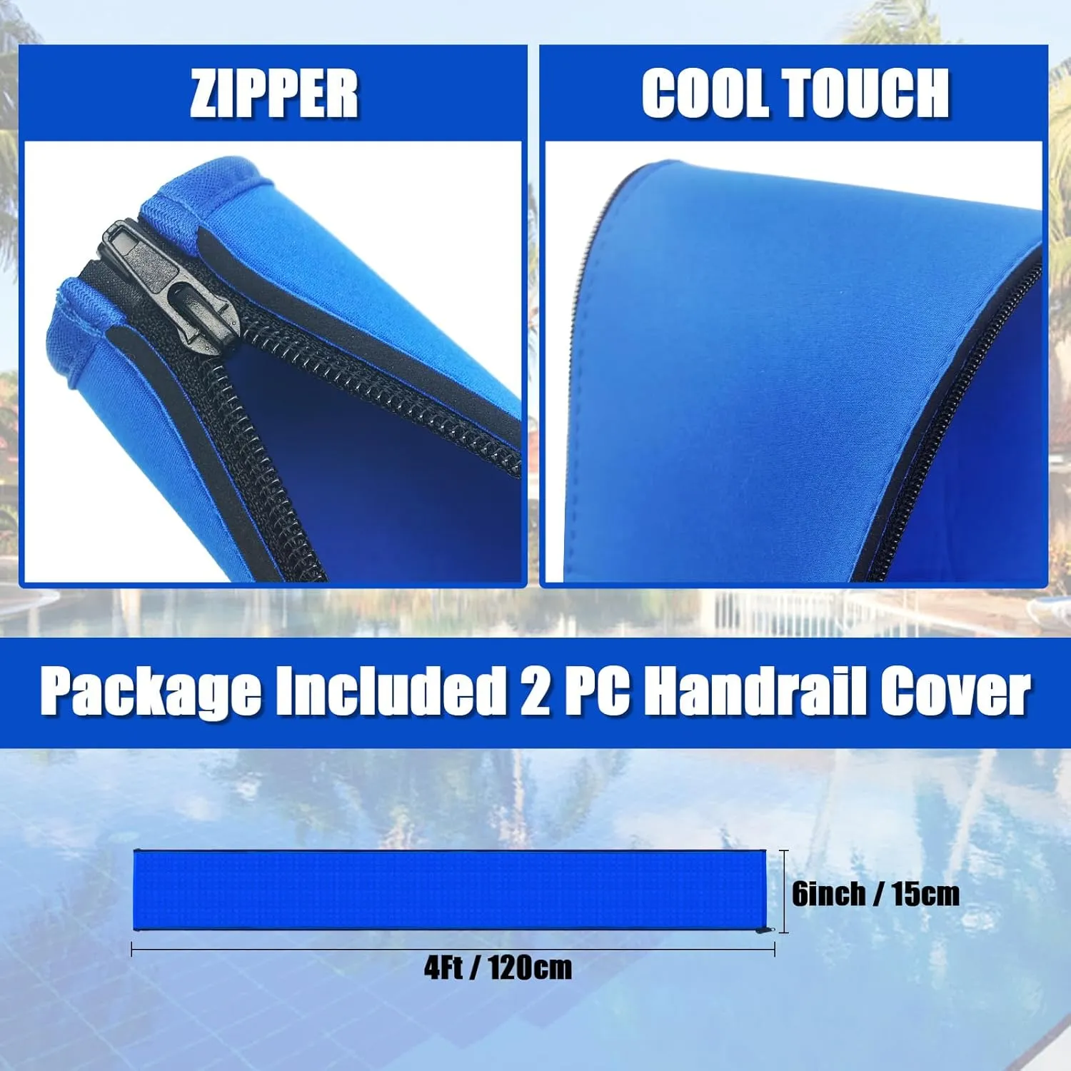 Pool Handrail Covers with Zippers for Inground Swimming Pools Hand Rail Cover, 4-10 ft Non Slip Cool Touch Heat Resistant, Blue, Anti-Slip Swim Pool Railing Ladder Handle Grip 4 Feet 2 Pack