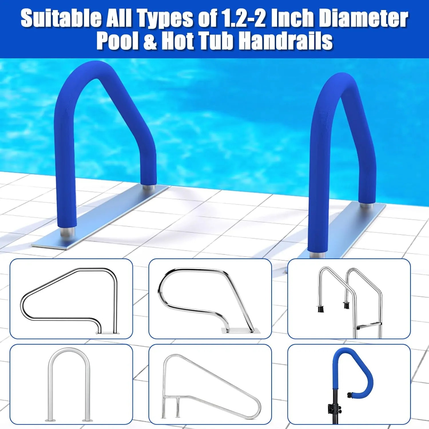 Pool Handrail Covers with Zippers for Inground Swimming Pools Hand Rail Cover, 4-10 ft Non Slip Cool Touch Heat Resistant, Blue, Anti-Slip Swim Pool Railing Ladder Handle Grip 4 Feet 2 Pack