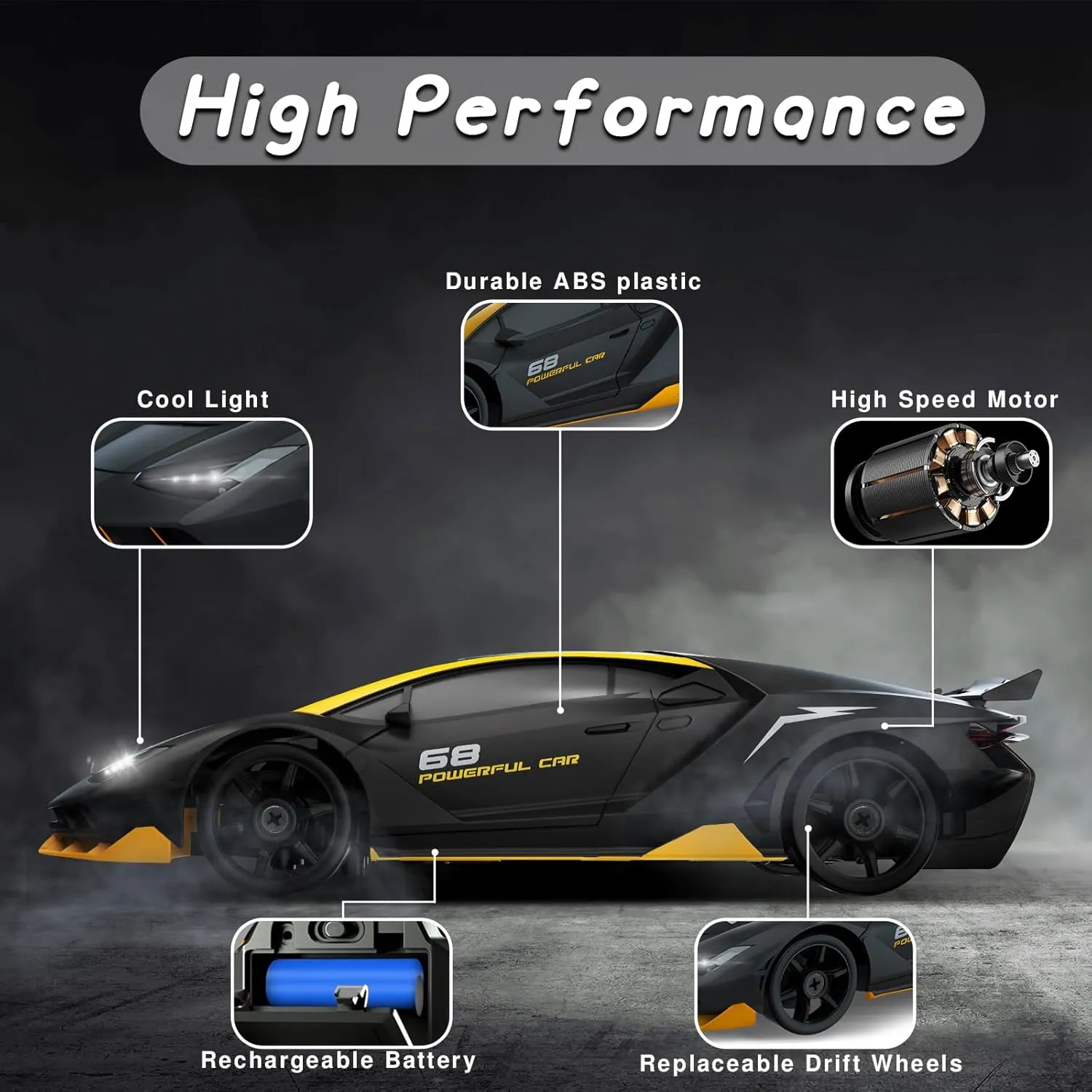 RC Drift Car, 1/24 4WD Remote Control Car with LED Light, Two Rechargeable Batteries and Drift Tires for Kids, Boys, Girls and Adults