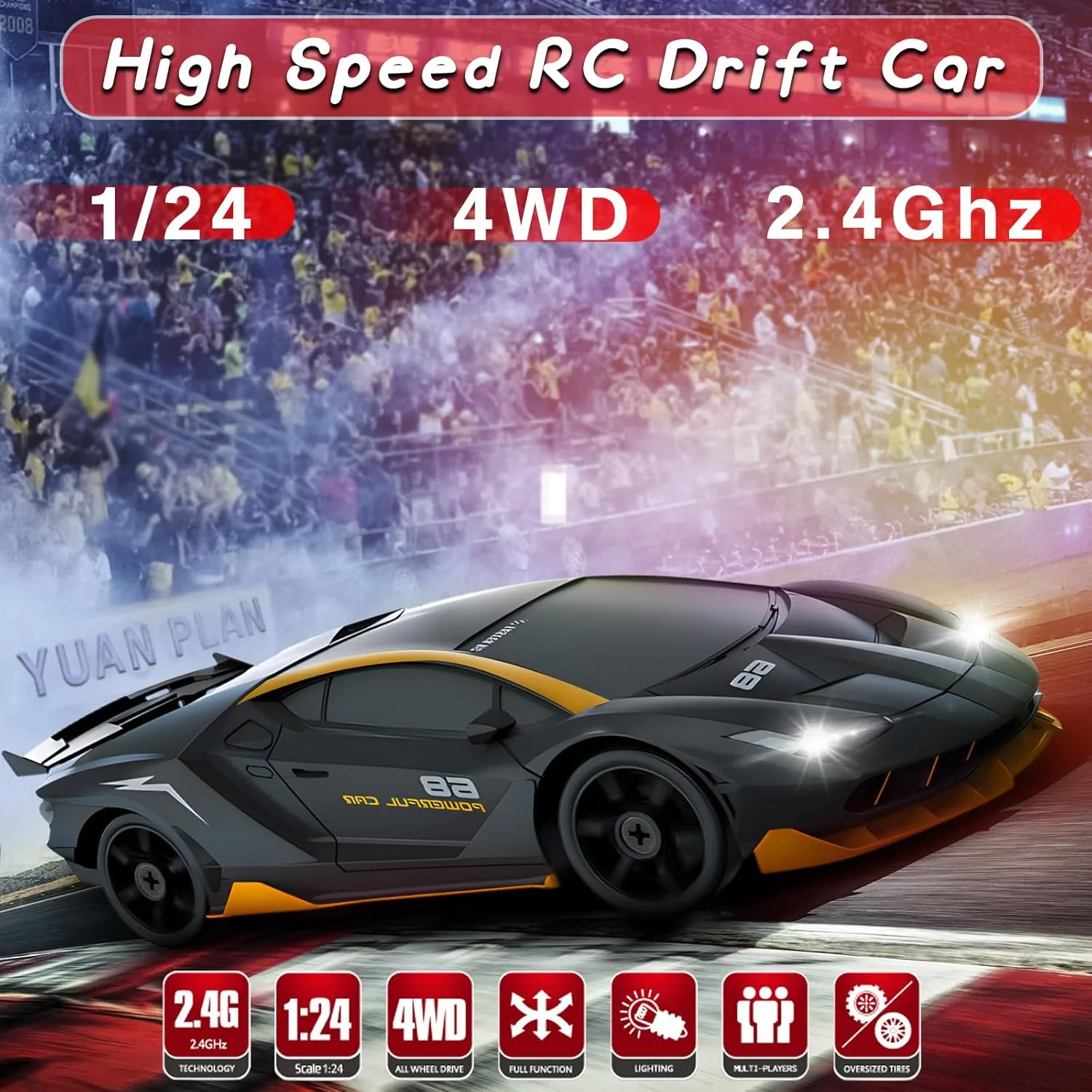 RC Drift Car, 1/24 4WD Remote Control Car with LED Light, Two Rechargeable Batteries and Drift Tires for Kids, Boys, Girls and Adults