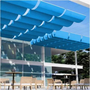 Retractable Wave Shade Sail, Telescopic Canopy Pergola Shade Cover, Proof UV Sun Protection Patio Awning, Slide Hang Down Outdoor Garden Backyard Deck Roof Shelter(Blue)