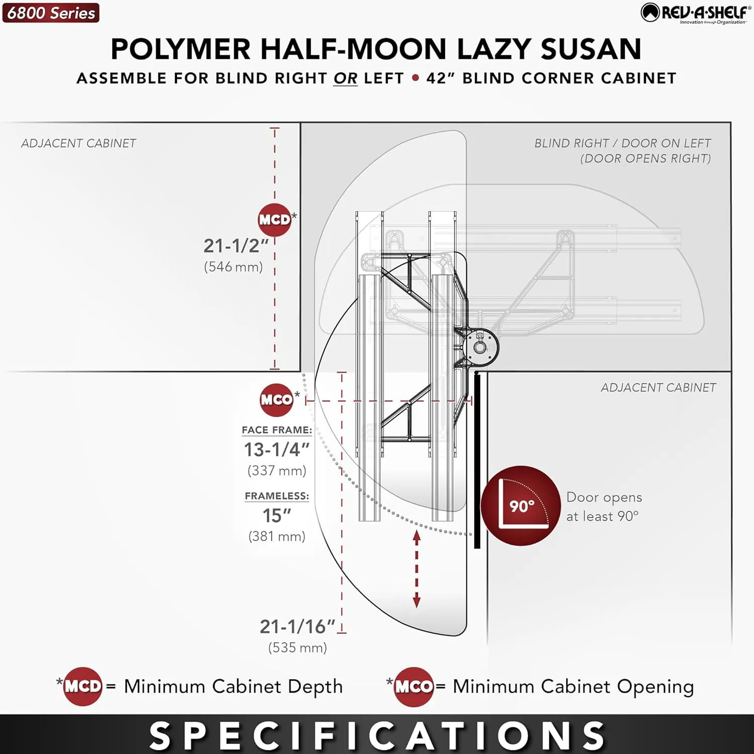 Rev-A-Shelf 31” Pull Out Half Moon Lazy Susan Shelf Sliding Organizer w/Hardware for Blind Corner Kitchen or Bathroom Cabinets, White, 6882-31-11-570